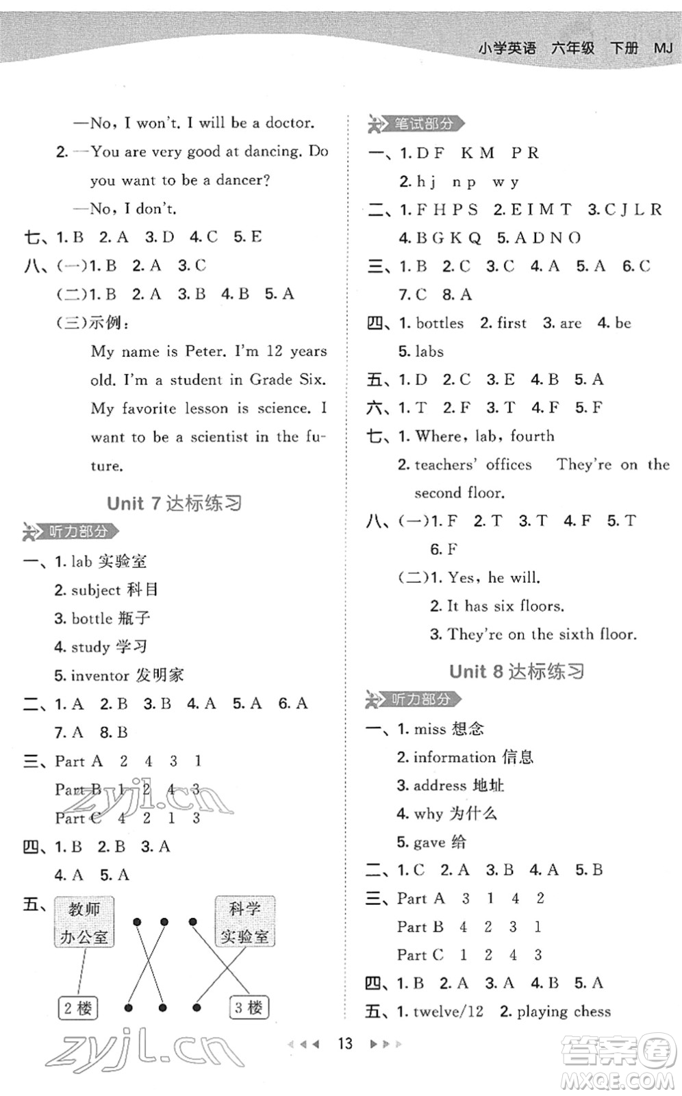 教育科學(xué)出版社2022春季53天天練六年級英語下冊MJ閩教版答案