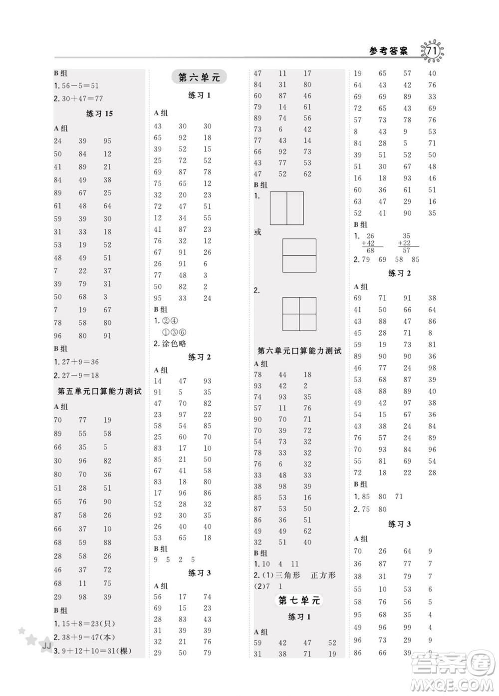 安徽教育出版社2022星級(jí)口算天天練一年級(jí)下冊(cè)數(shù)學(xué)JJ冀教版答案