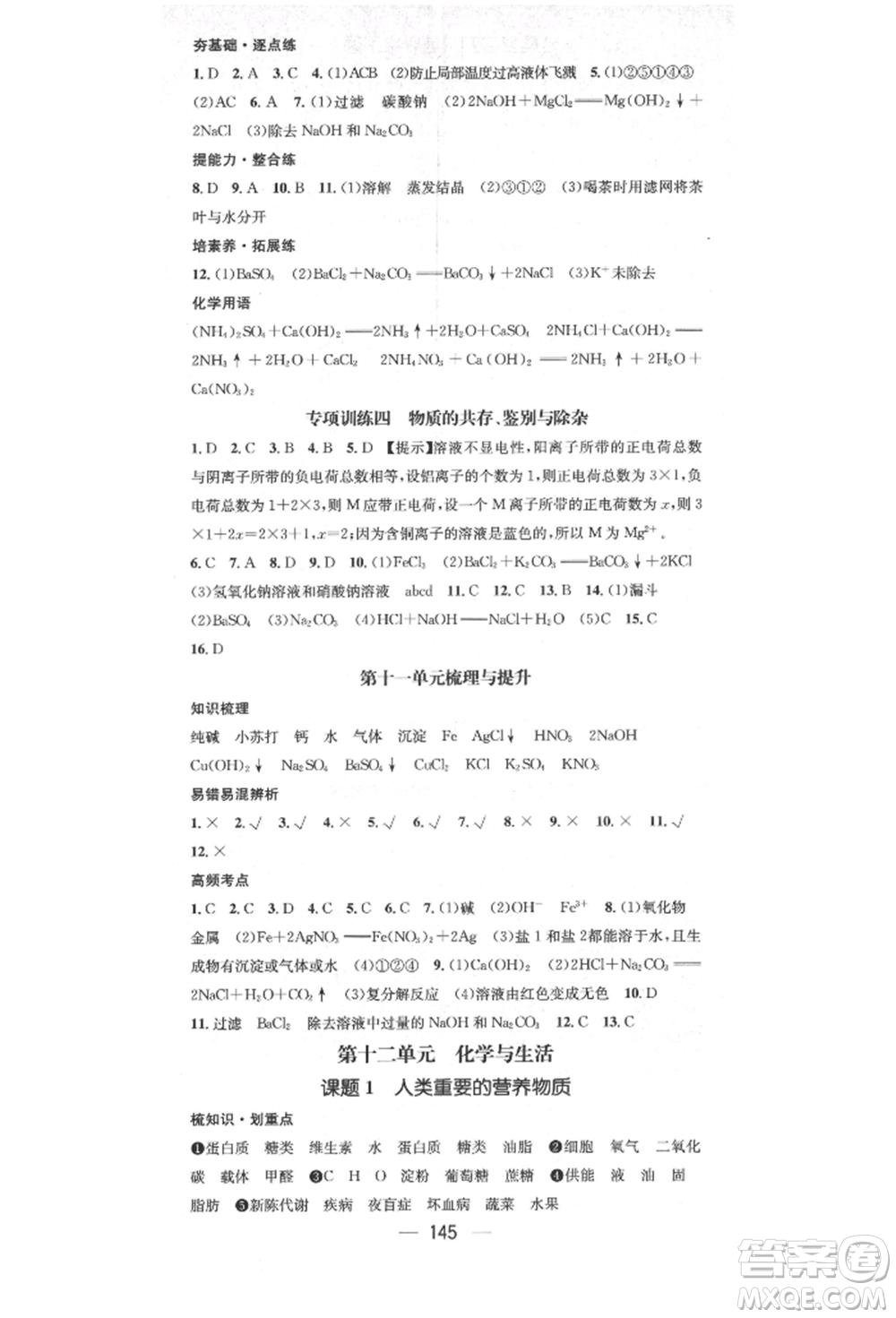 陽光出版社2022精英新課堂九年級化學(xué)下冊人教版參考答案