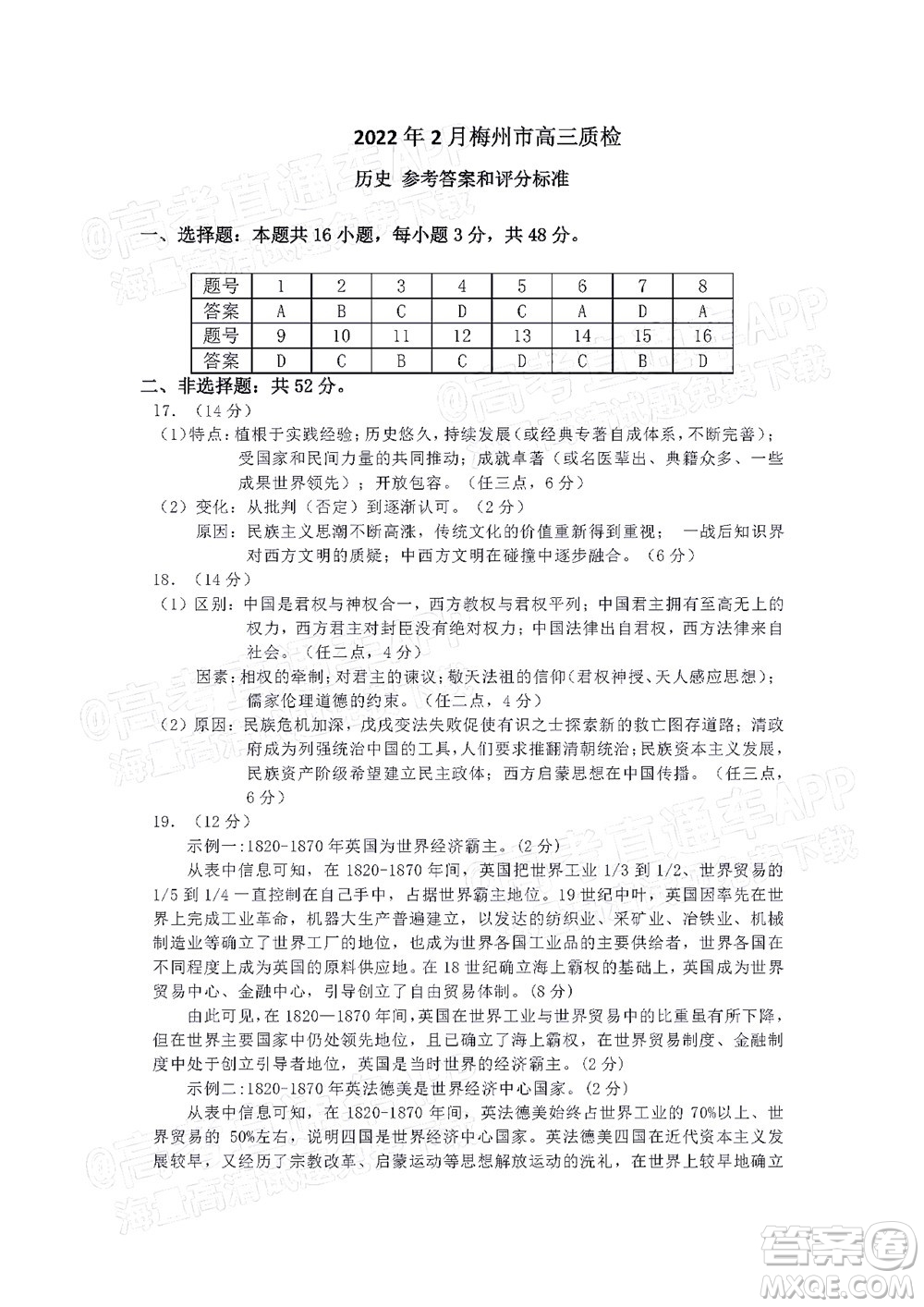 2022年2月梅州市高三總復(fù)習(xí)質(zhì)檢歷史試題及答案