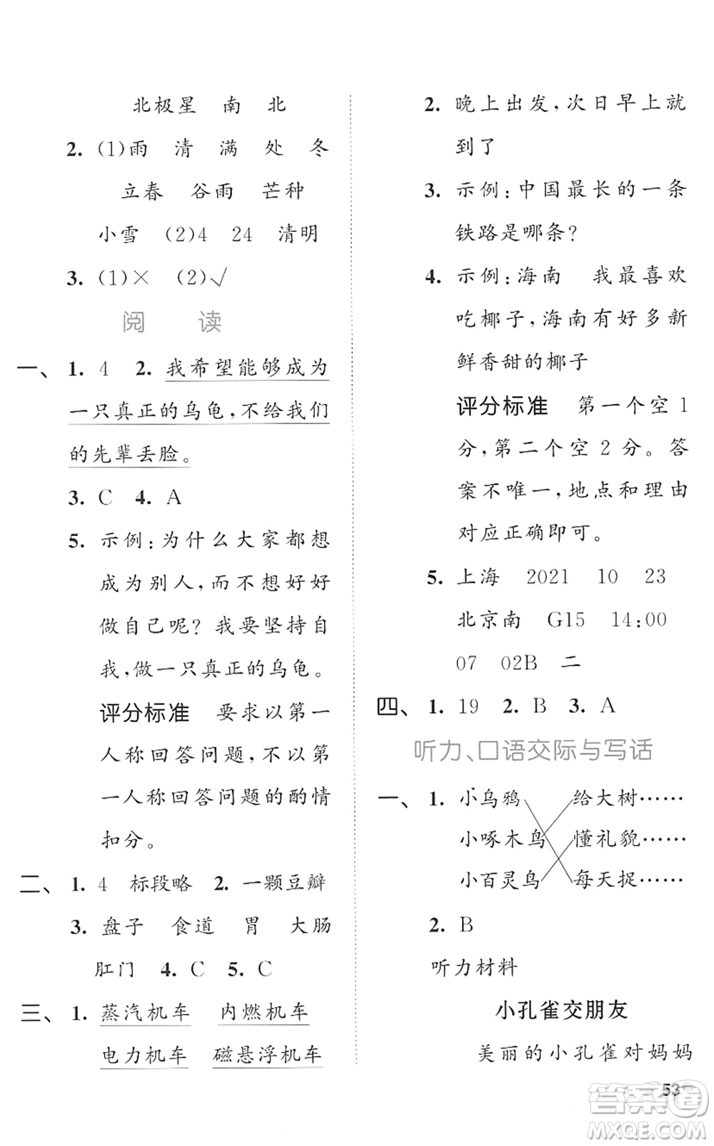 西安出版社2022春季53全優(yōu)卷二年級(jí)語(yǔ)文下冊(cè)RJ人教版答案