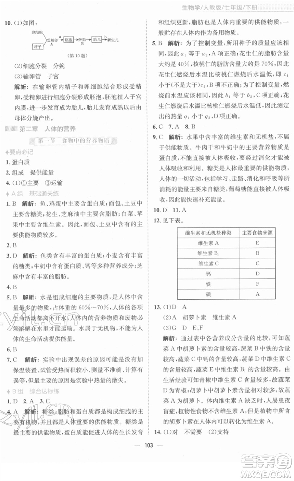 安徽教育出版社2022新編基礎(chǔ)訓(xùn)練七年級生物下冊人教版答案