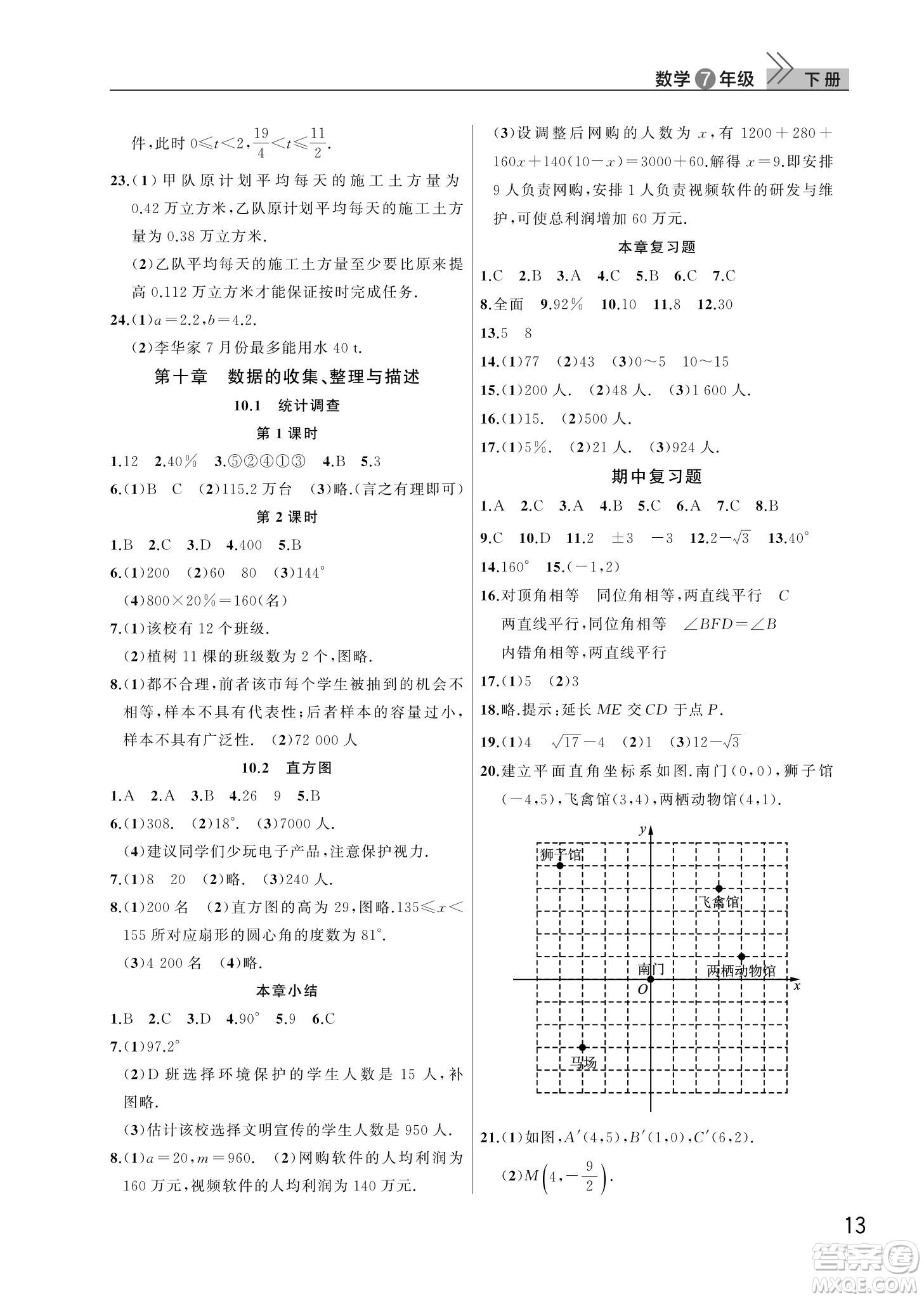 武漢出版社2022智慧學習天天向上課堂作業(yè)七年級數(shù)學下冊人教版答案