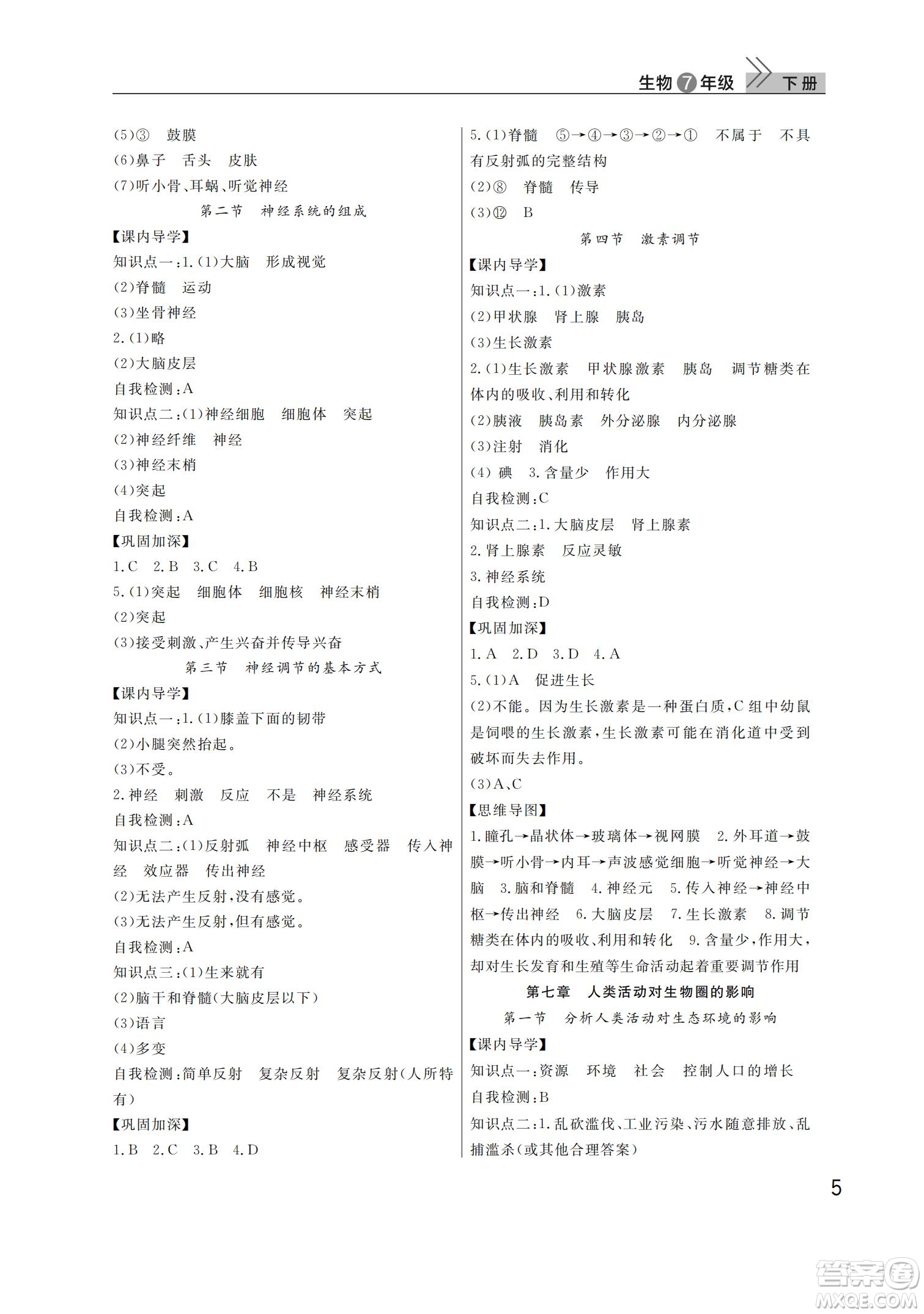 武漢出版社2022智慧學(xué)習(xí)天天向上課堂作業(yè)七年級生物下冊人教版答案