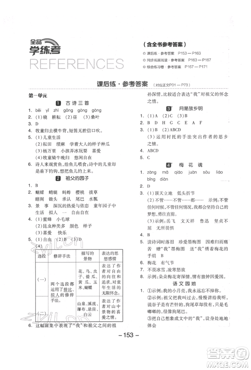 開明出版社2022全品學(xué)練考五年級語文下冊人教版江蘇專版參考答案