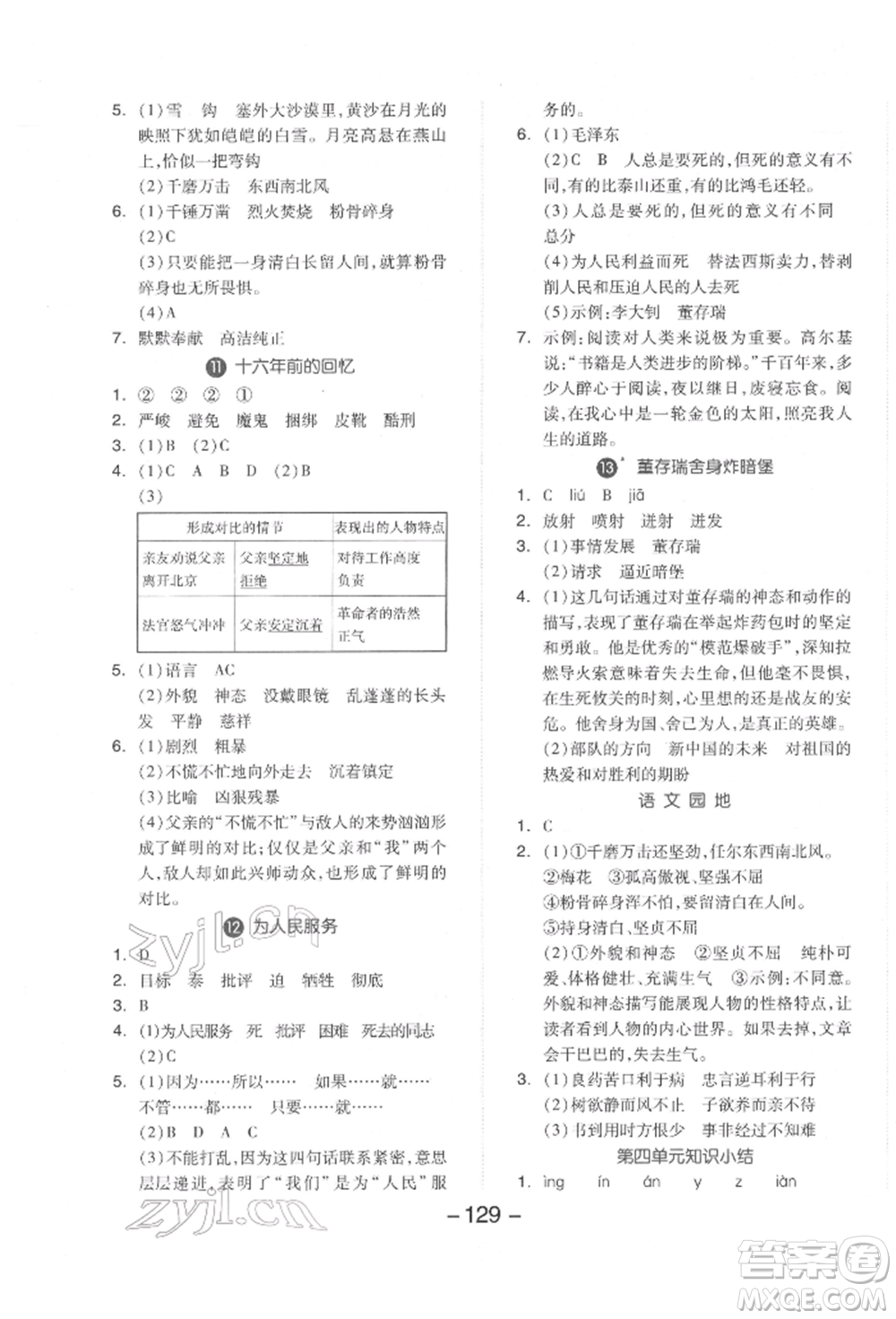 開明出版社2022全品學(xué)練考六年級語文下冊人教版參考答案