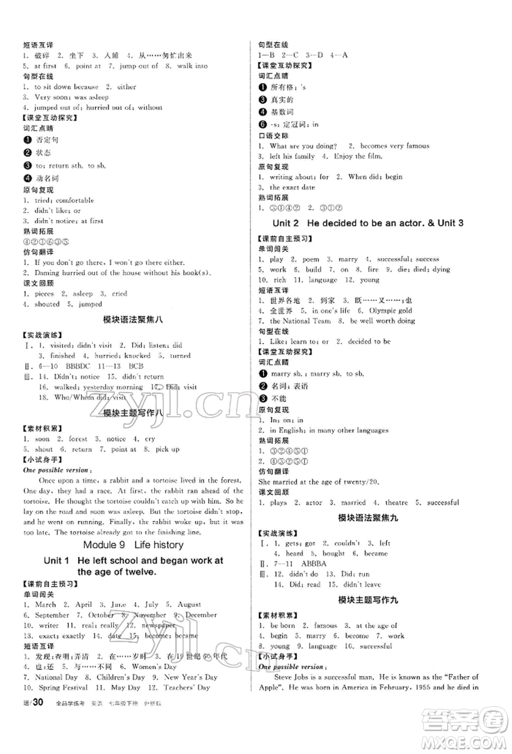 陽光出版社2022全品學(xué)練考聽課手冊七年級英語下冊外研版參考答案