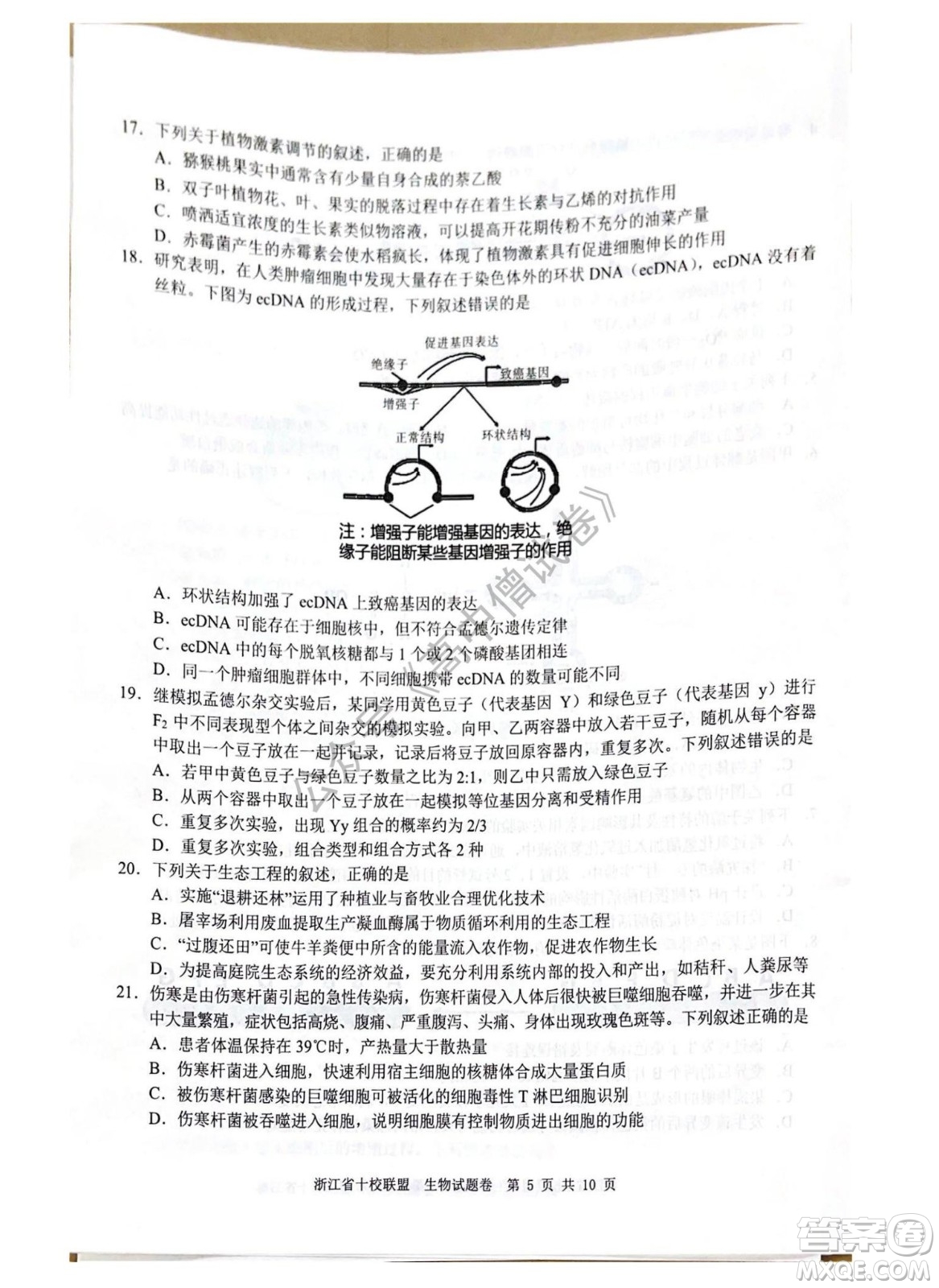 浙江省十校聯(lián)盟2022屆高三第二次聯(lián)考生物試題及答案