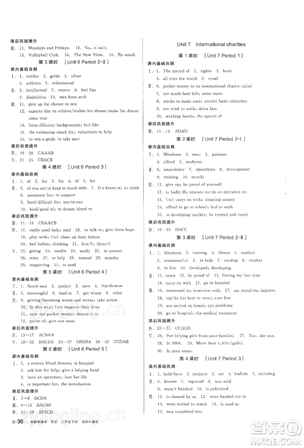 陽光出版社2022全品學練考聽課手冊八年級英語下冊譯林牛津版參考答案