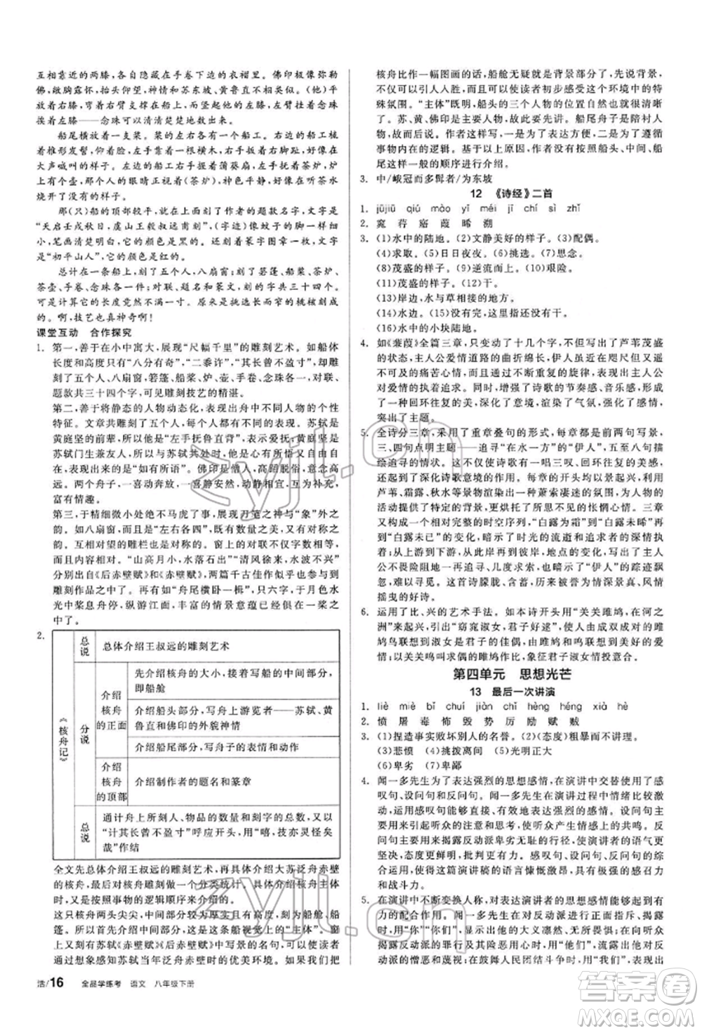 陽光出版社2022全品學(xué)練考聽課手冊八年級語文下冊人教版參考答案