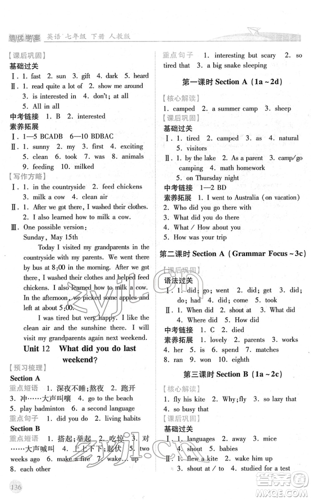 人民教育出版社2022績優(yōu)學(xué)案七年級英語下冊人教版答案