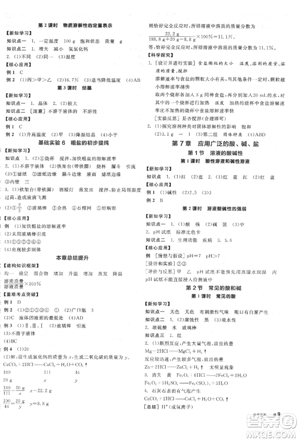 陽光出版社2022全品學(xué)練考聽課手冊(cè)九年級(jí)化學(xué)下冊(cè)滬教版參考答案