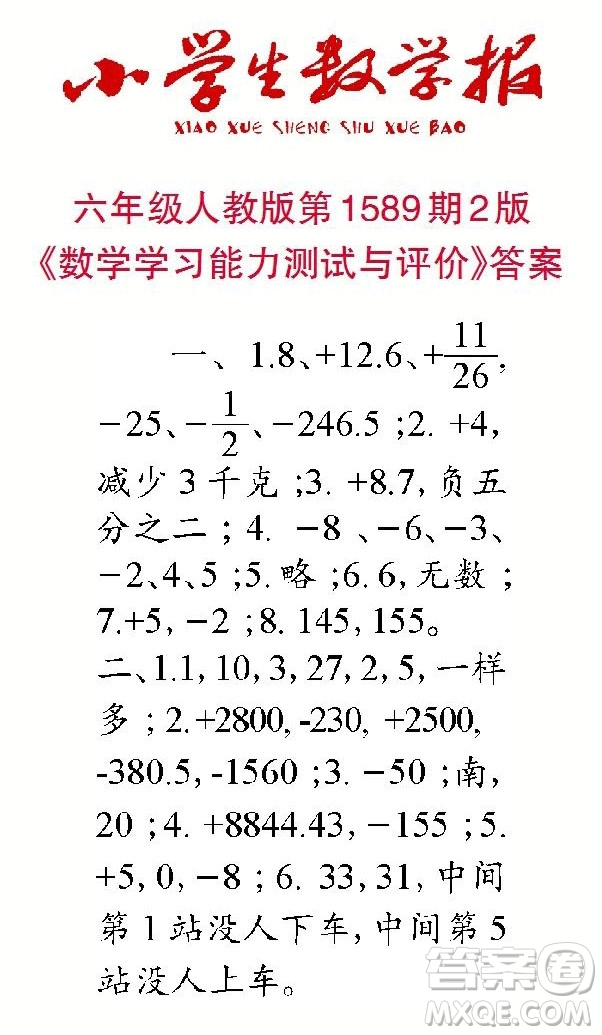 2022年小學生數(shù)學報六年級下學期第1589期答案