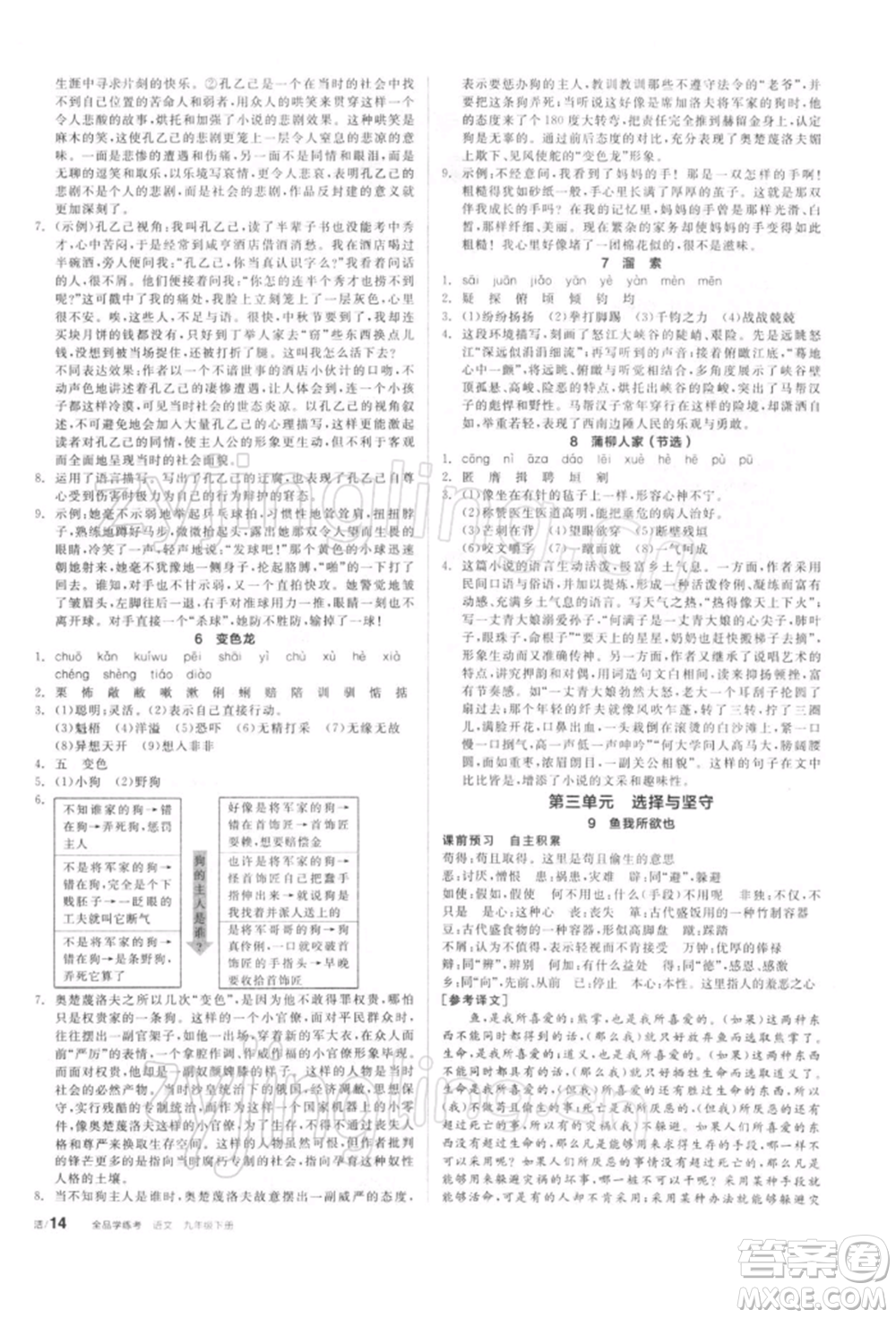 陽光出版社2022全品學(xué)練考聽課手冊九年級語文下冊人教版參考答案