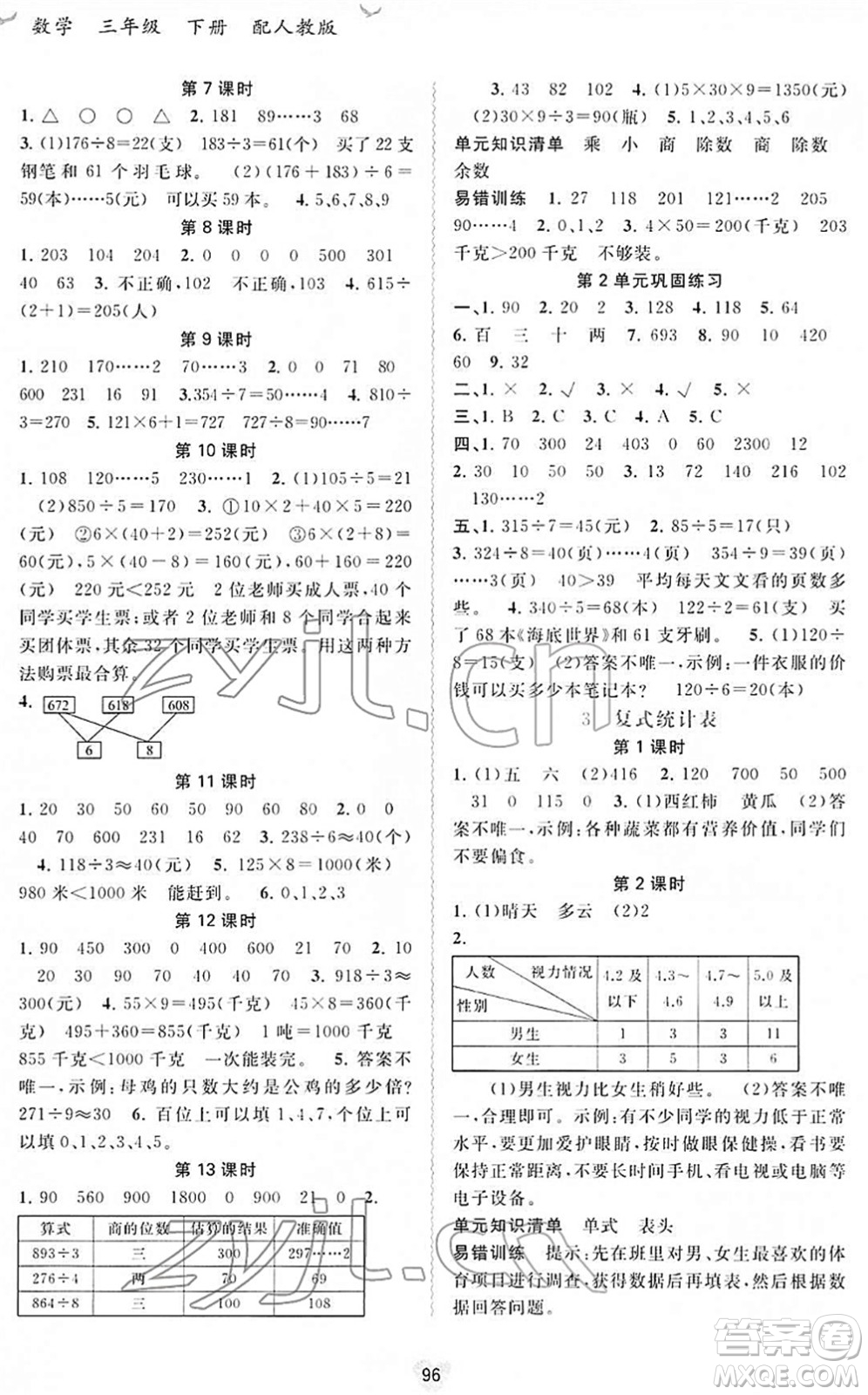 廣西教育出版社2022新課程學(xué)習(xí)與測(cè)評(píng)同步學(xué)習(xí)三年級(jí)數(shù)學(xué)下冊(cè)人教版答案