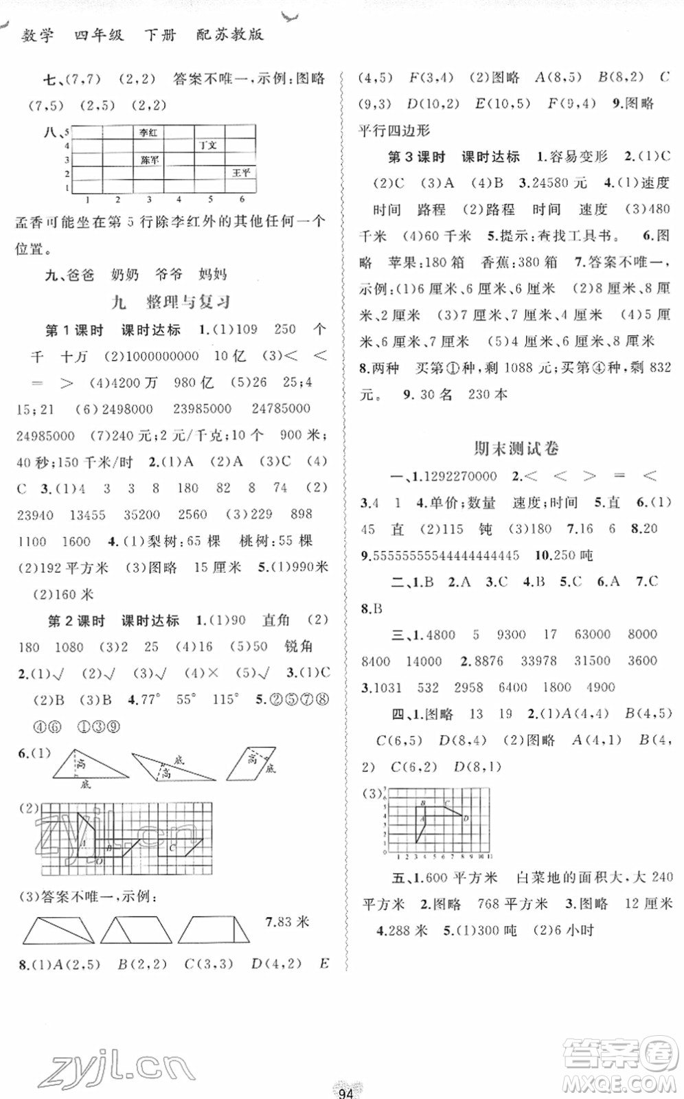 廣西教育出版社2022新課程學(xué)習(xí)與測(cè)評(píng)同步學(xué)習(xí)四年級(jí)數(shù)學(xué)下冊(cè)蘇教版答案