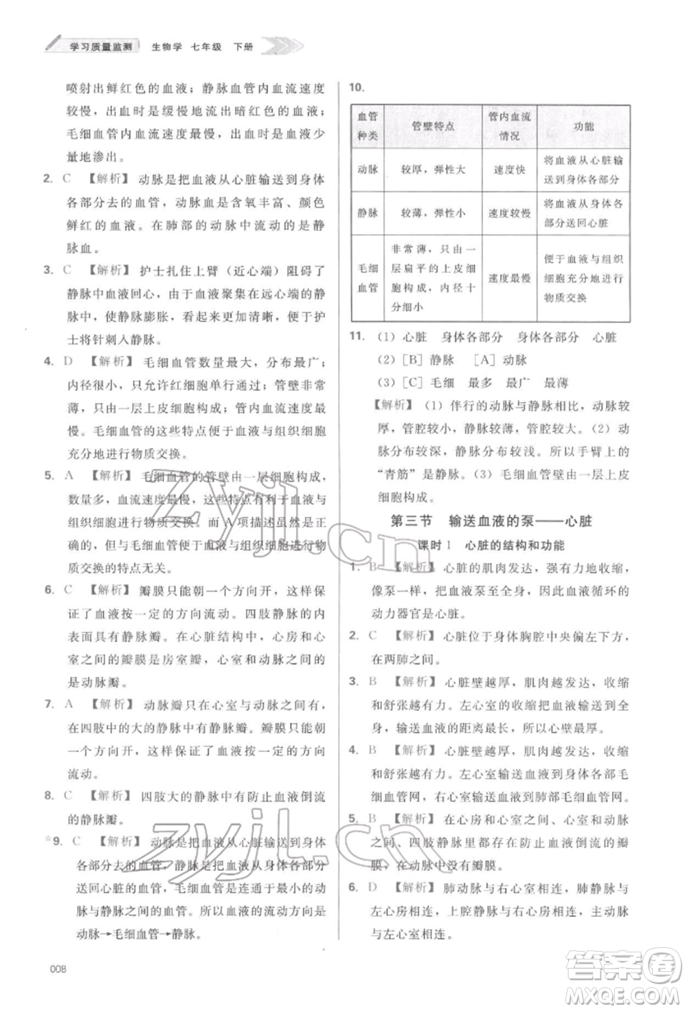 天津教育出版社2022學(xué)習(xí)質(zhì)量監(jiān)測(cè)七年級(jí)生物學(xué)下冊(cè)人教版參考答案