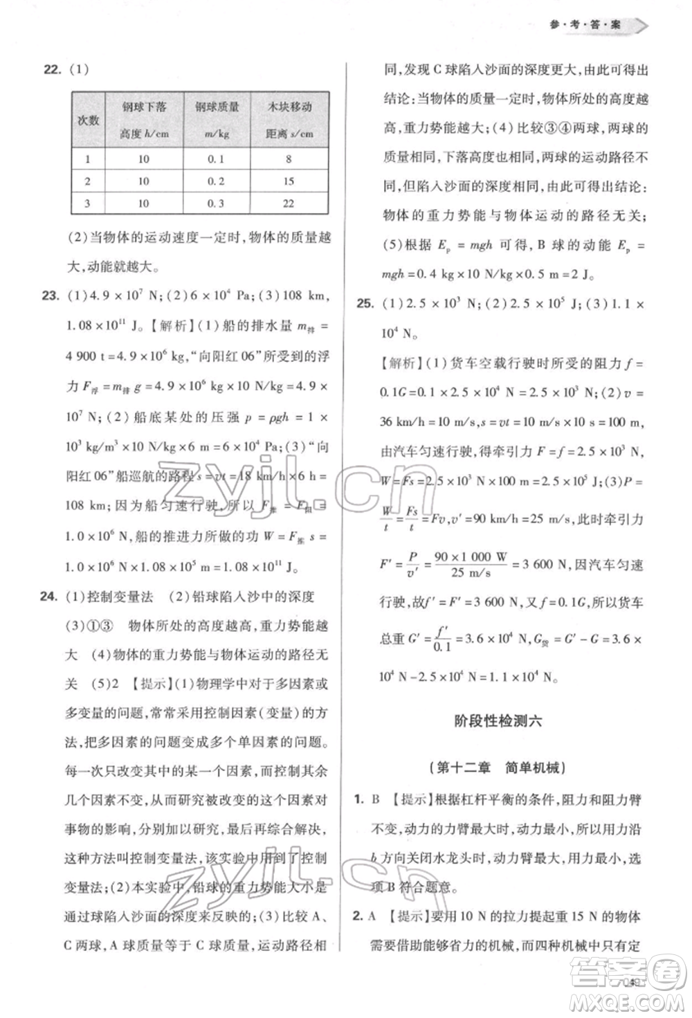 天津教育出版社2022學(xué)習(xí)質(zhì)量監(jiān)測(cè)八年級(jí)物理下冊(cè)人教版參考答案