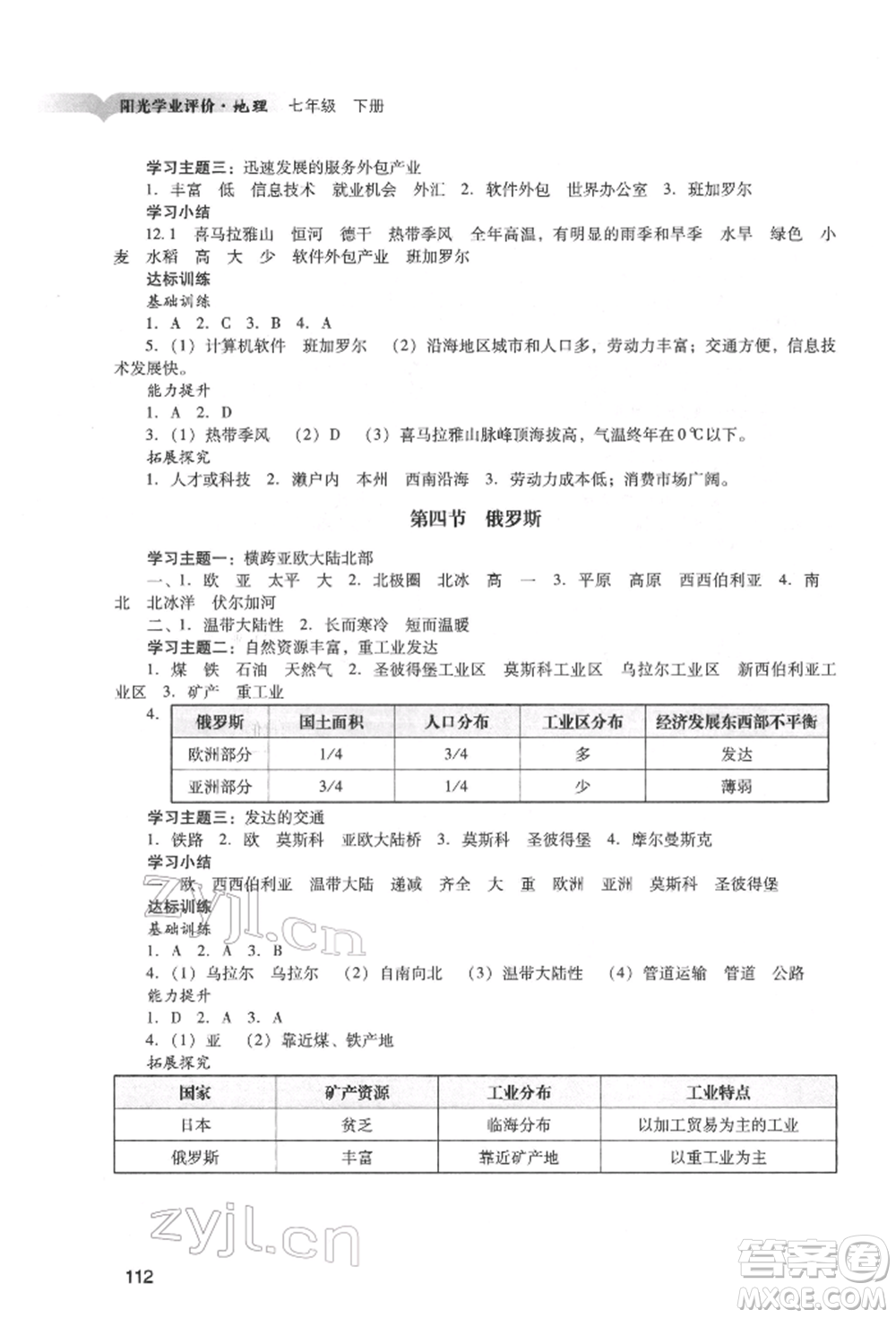 廣州出版社2022陽光學業(yè)評價七年級地理下冊人教版參考答案