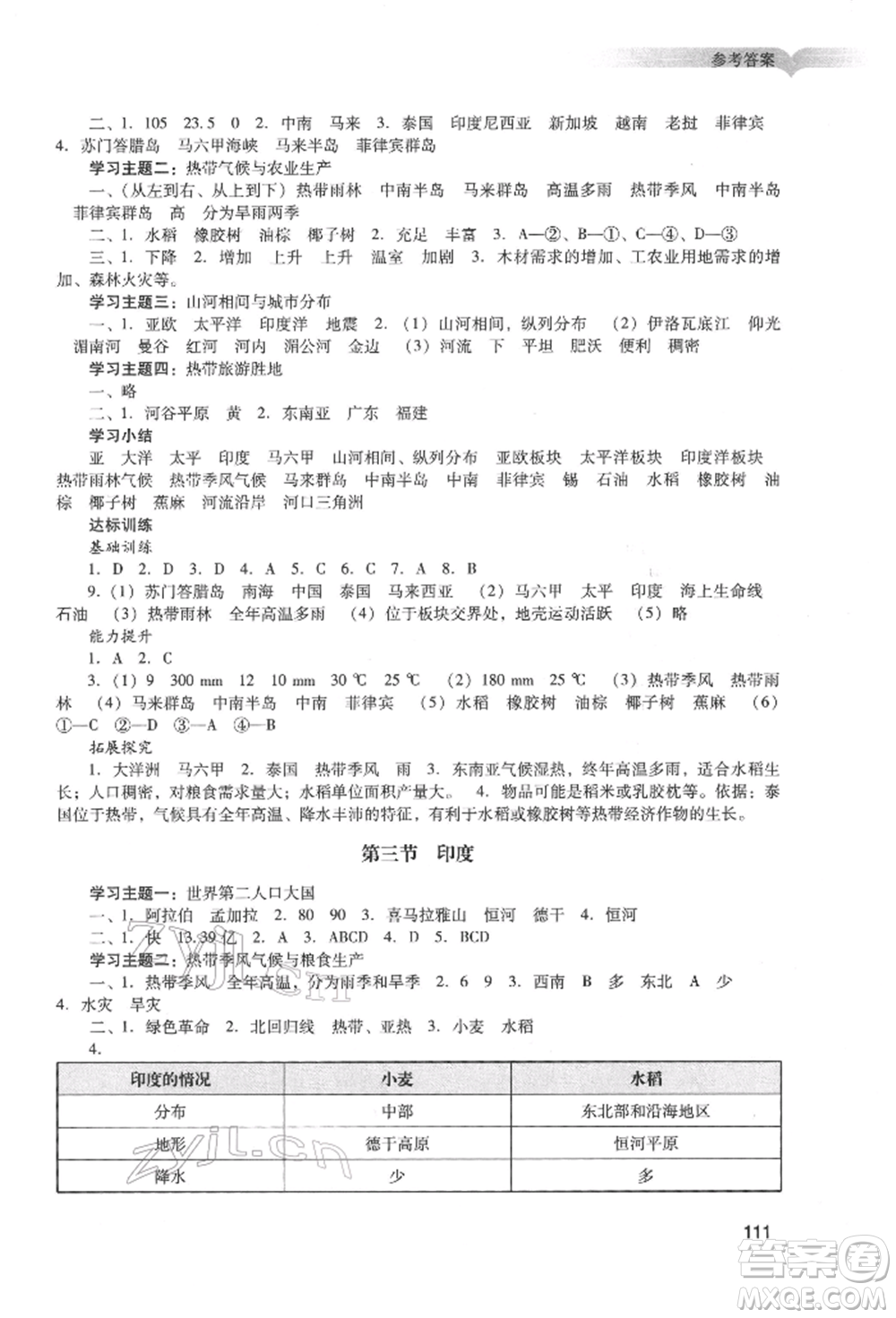 廣州出版社2022陽光學業(yè)評價七年級地理下冊人教版參考答案