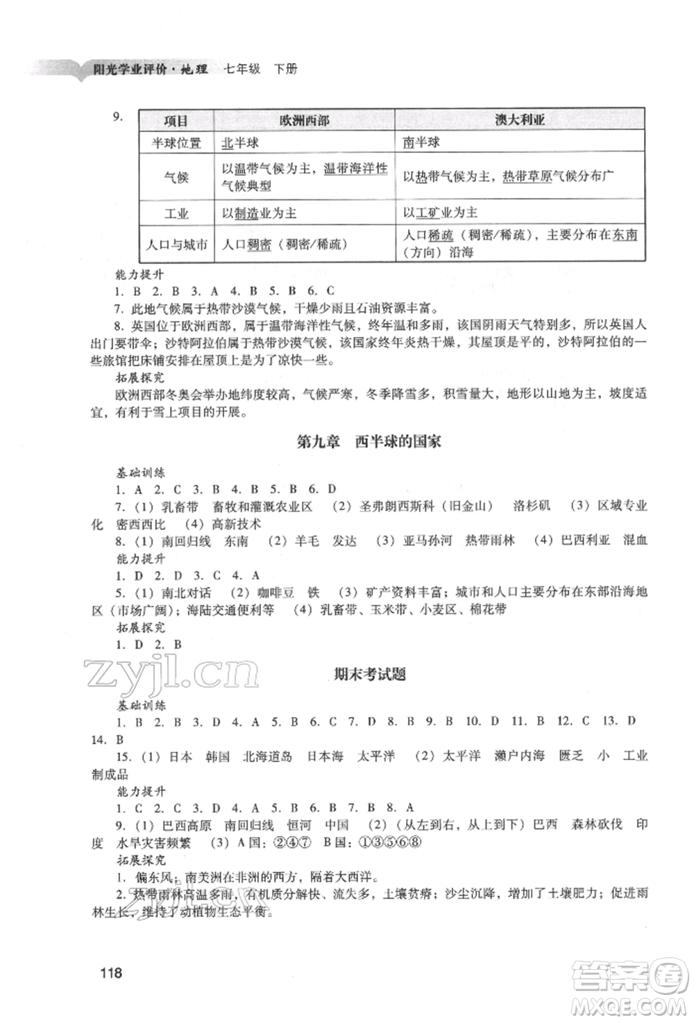 廣州出版社2022陽光學業(yè)評價七年級地理下冊人教版參考答案