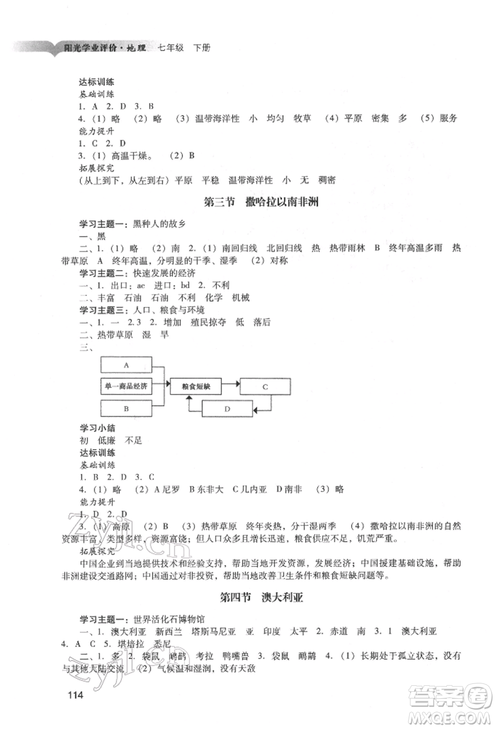 廣州出版社2022陽光學業(yè)評價七年級地理下冊人教版參考答案