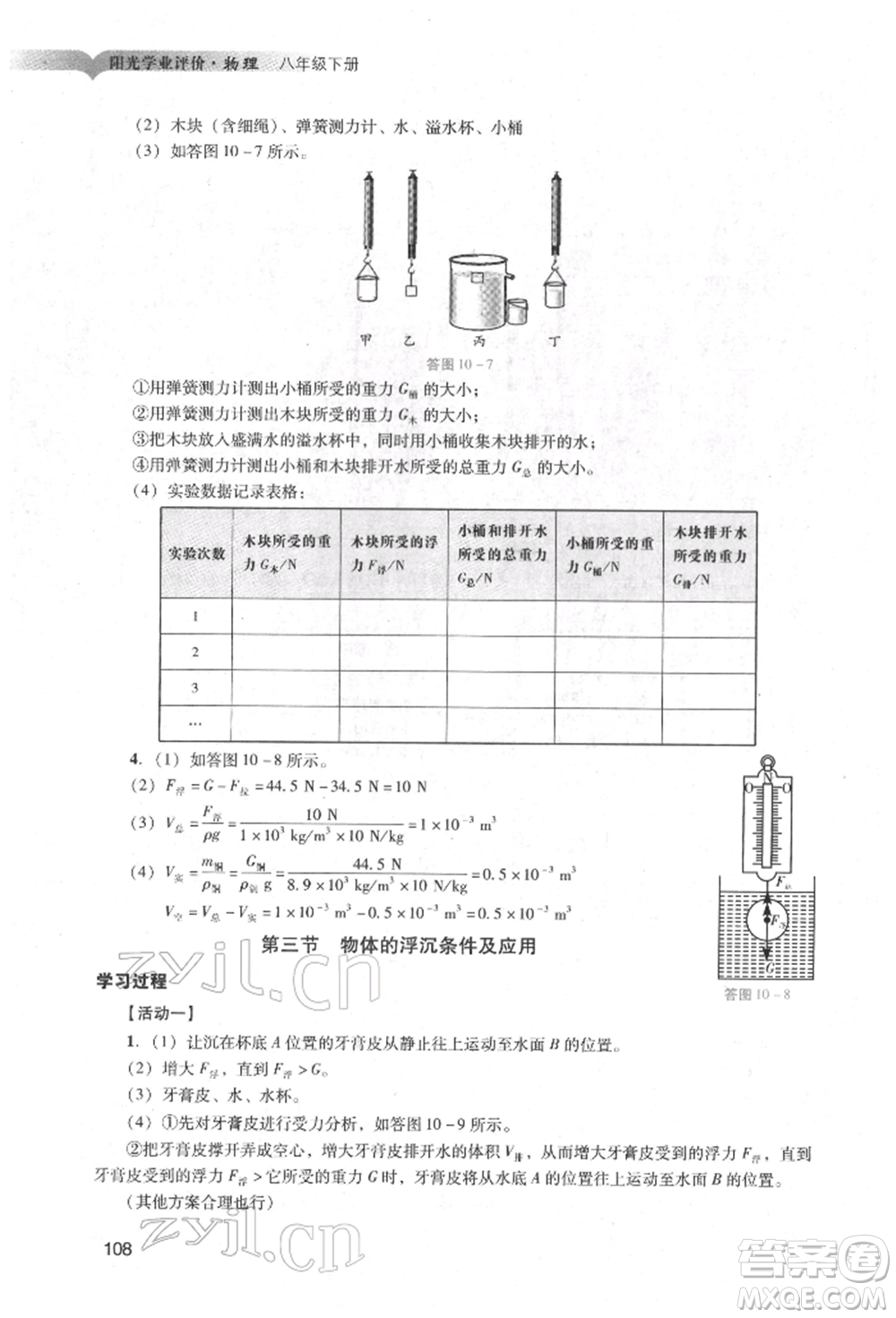 廣州出版社2022陽光學(xué)業(yè)評價八年級物理下冊人教版參考答案