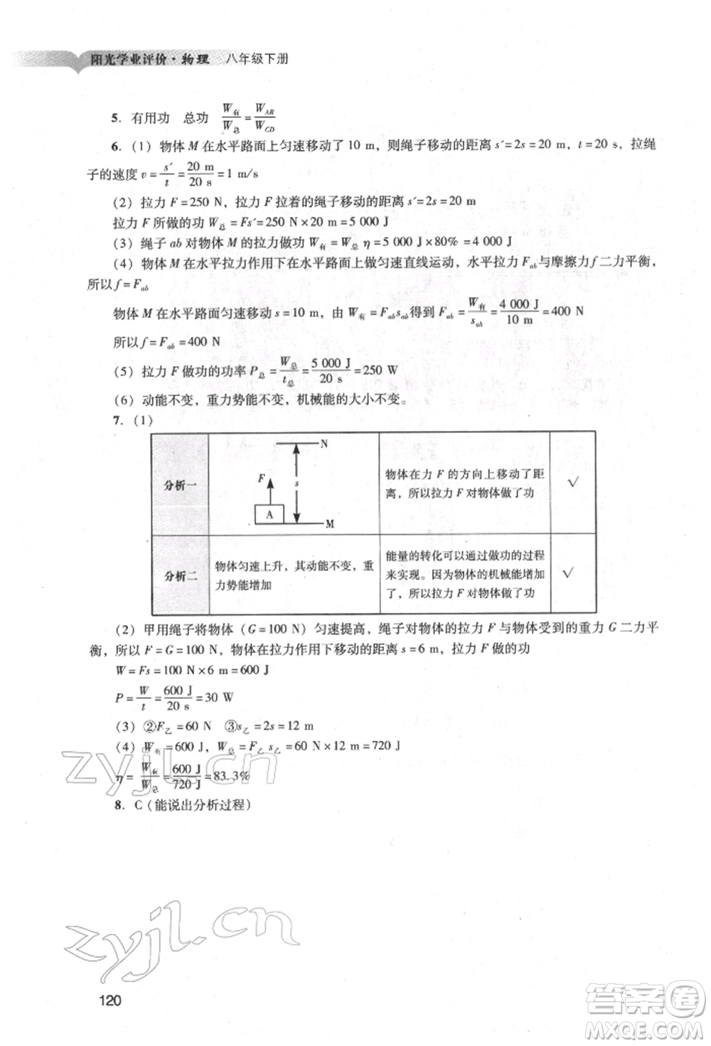 廣州出版社2022陽光學(xué)業(yè)評價八年級物理下冊人教版參考答案