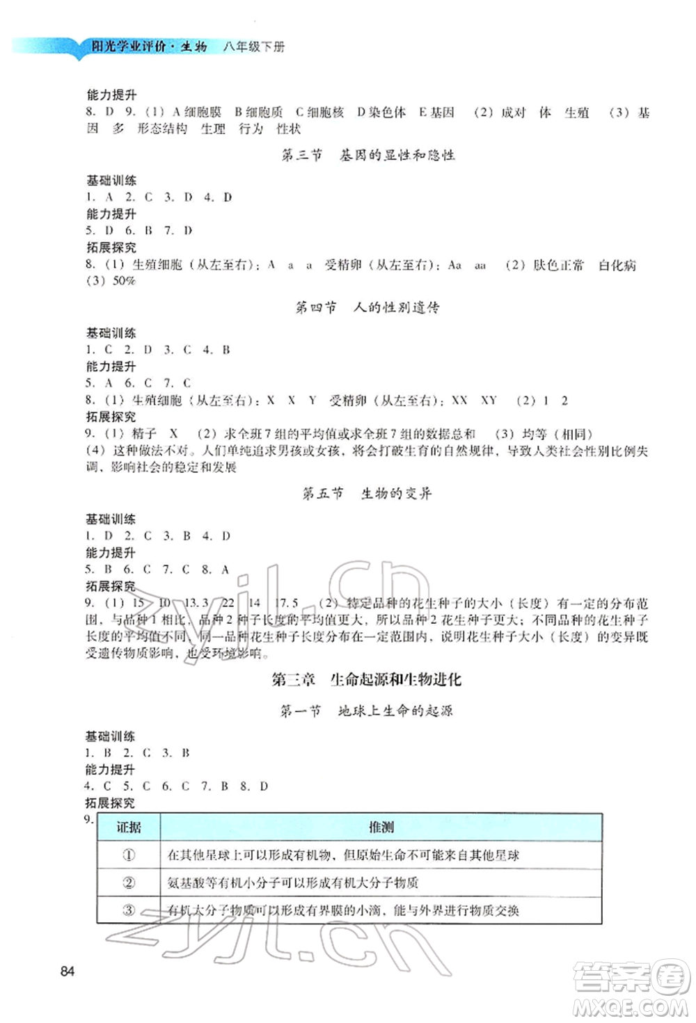 廣州出版社2022陽光學業(yè)評價八年級生物下冊人教版參考答案