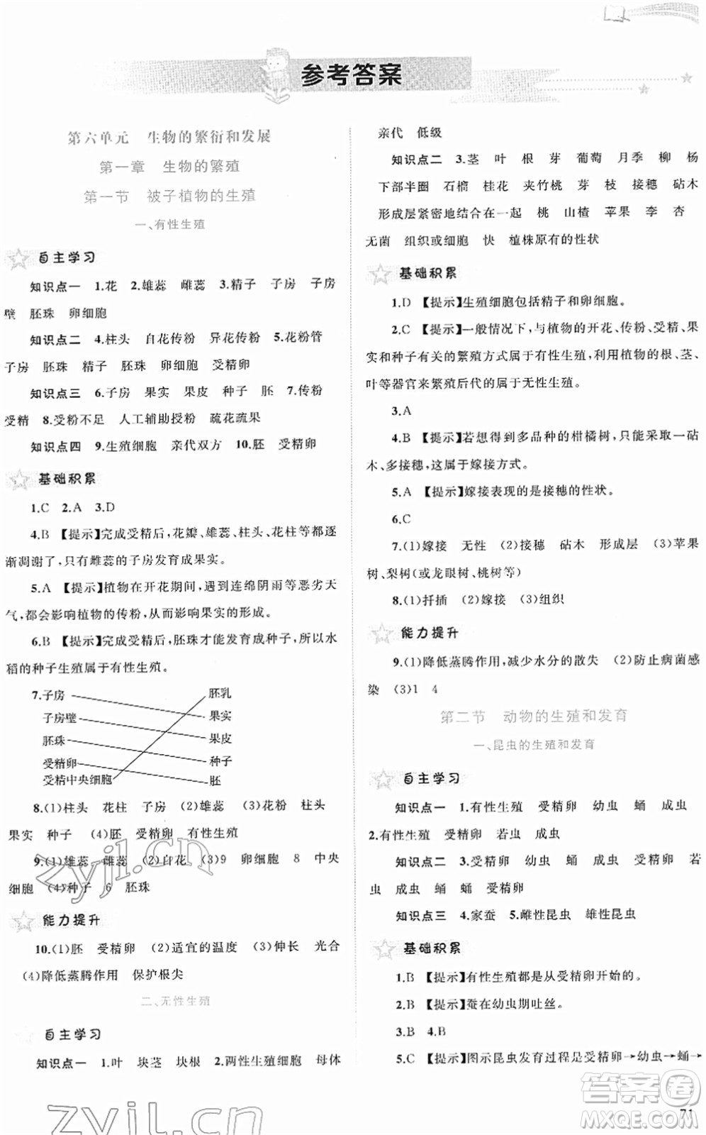 廣西教育出版社2022新課程學(xué)習(xí)與測評同步學(xué)習(xí)八年級生物下冊河北少兒版答案