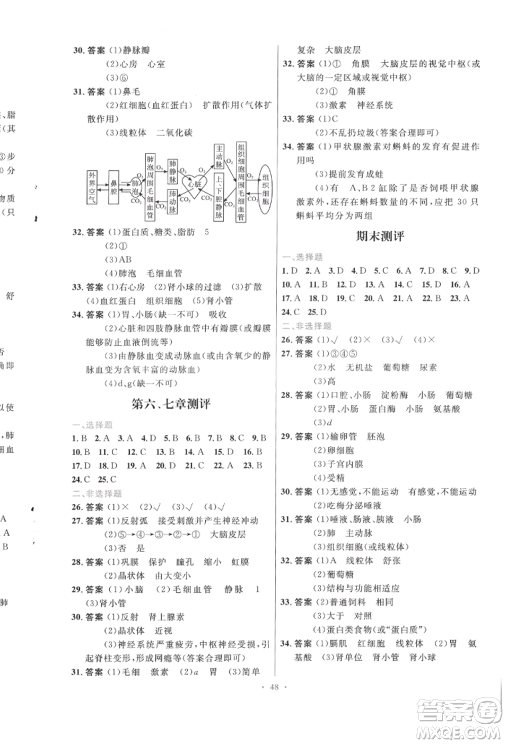 人民教育出版社2022初中同步測控優(yōu)化設(shè)計(jì)七年級生物下冊人教版福建專版參考答案