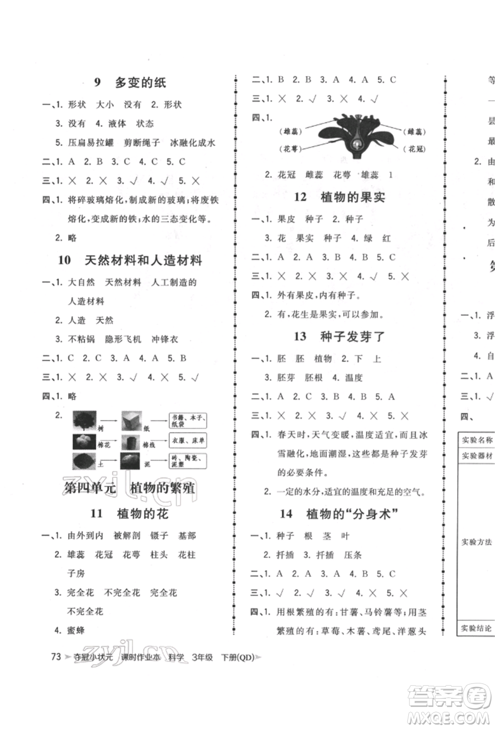 吉林教育出版社2022智慧翔奪冠小狀元課時作業(yè)本三年級科學(xué)下冊青島版參考答案