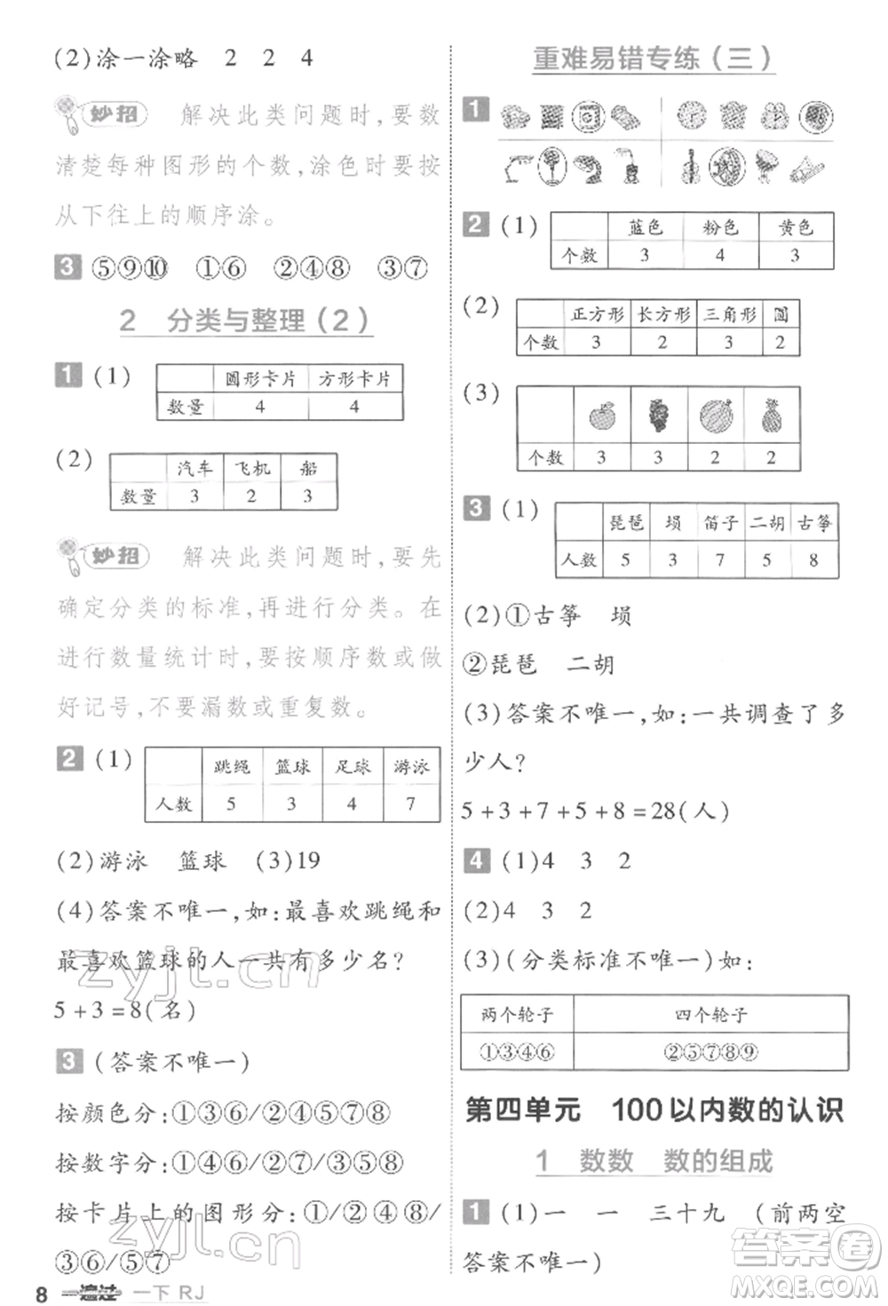 南京師范大學(xué)出版社2022一遍過一年級(jí)數(shù)學(xué)下冊(cè)人教版參考答案