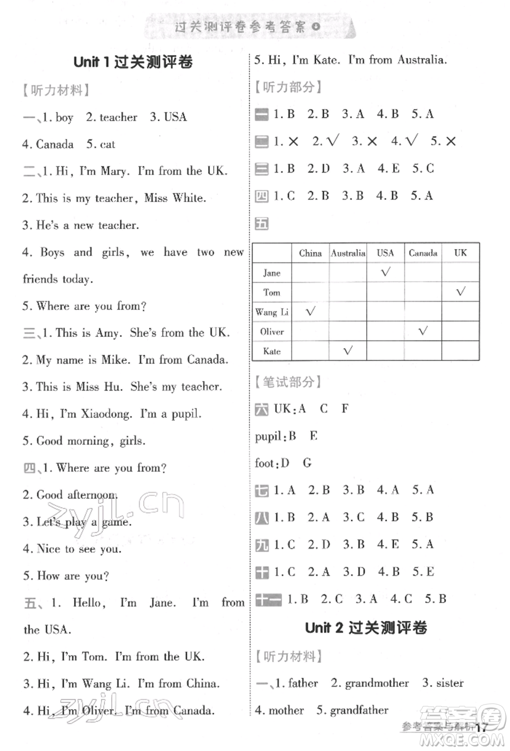 南京師范大學(xué)出版社2022一遍過(guò)三年級(jí)英語(yǔ)下冊(cè)人教版河南專版參考答案