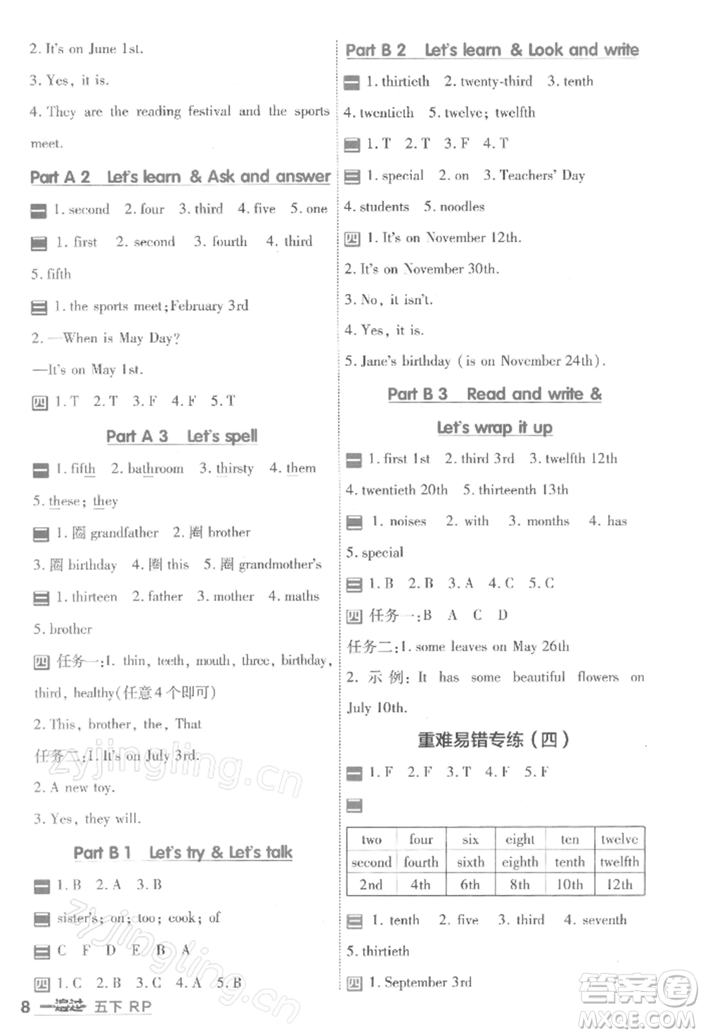 南京師范大學(xué)出版社2022一遍過五年級英語下冊人教版浙江專版參考答案