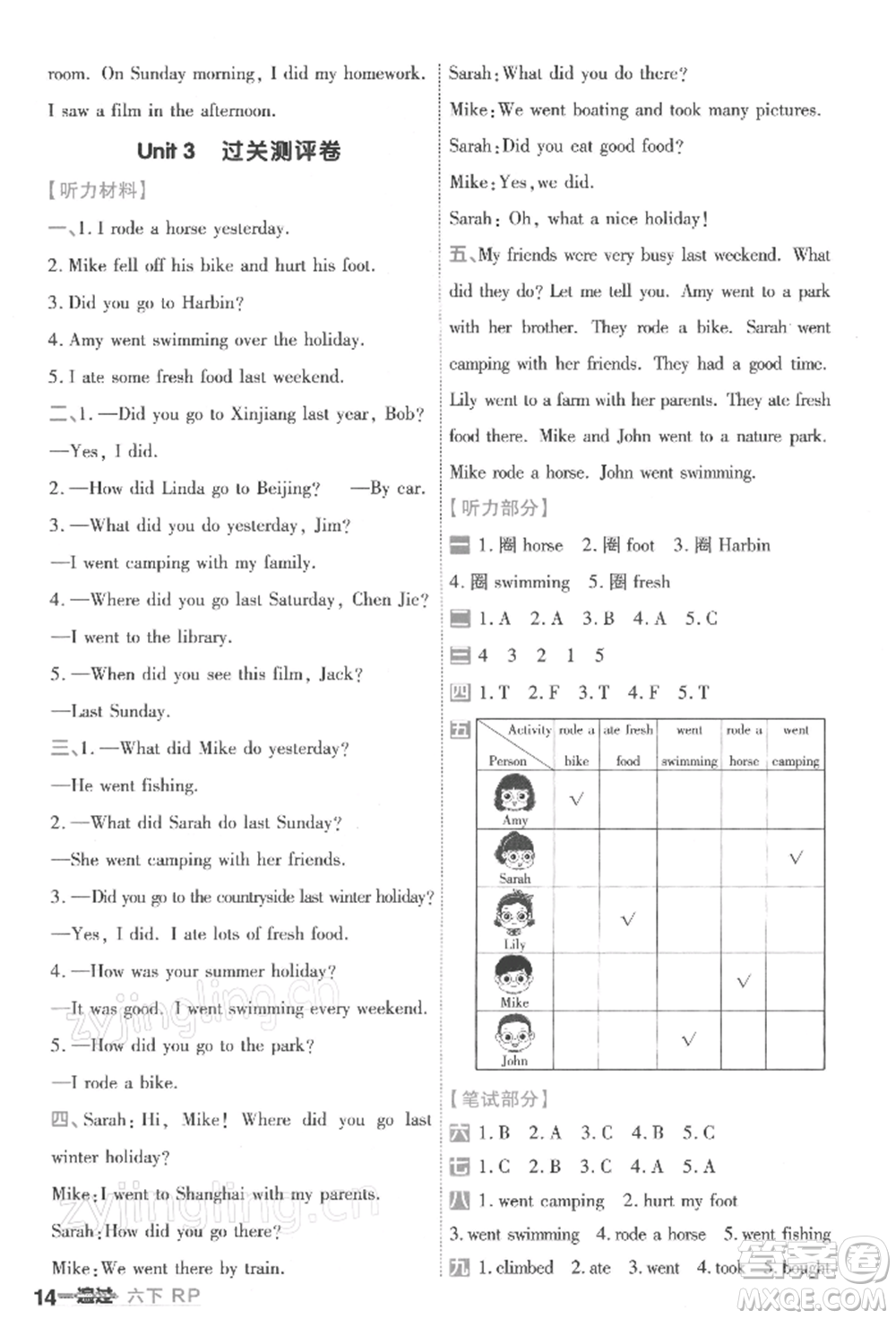 南京師范大學(xué)出版社2022一遍過六年級英語下冊人教版浙江專版參考答案