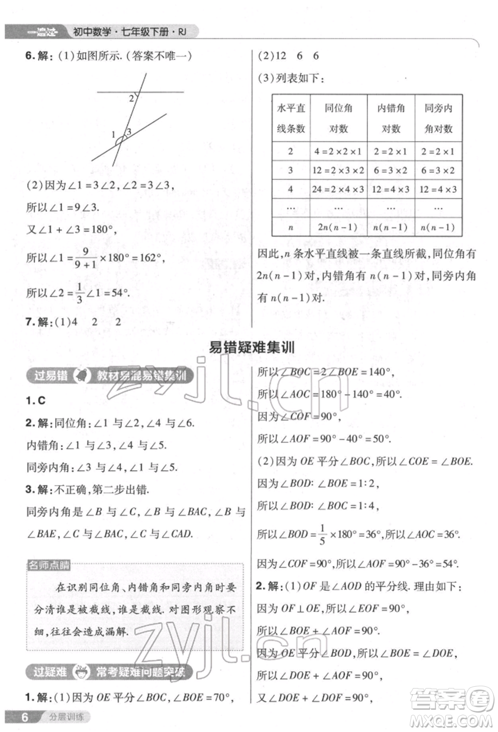 南京師范大學(xué)出版社2022一遍過七年級數(shù)學(xué)下冊人教版參考答案