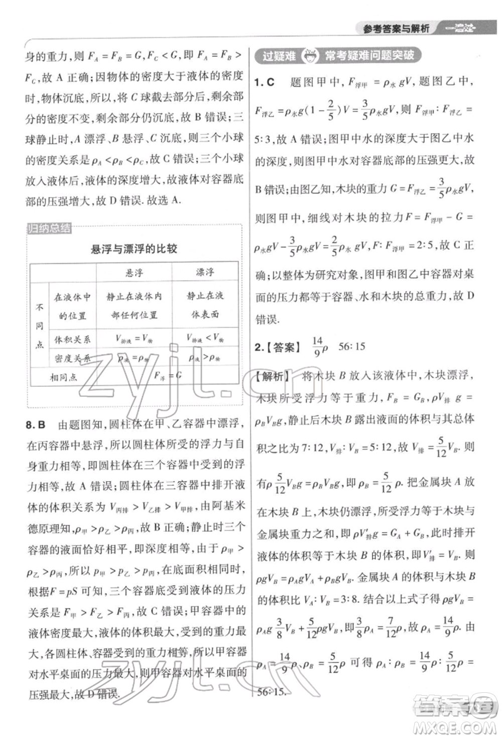 南京師范大學出版社2022一遍過八年級物理下冊蘇科版參考答案