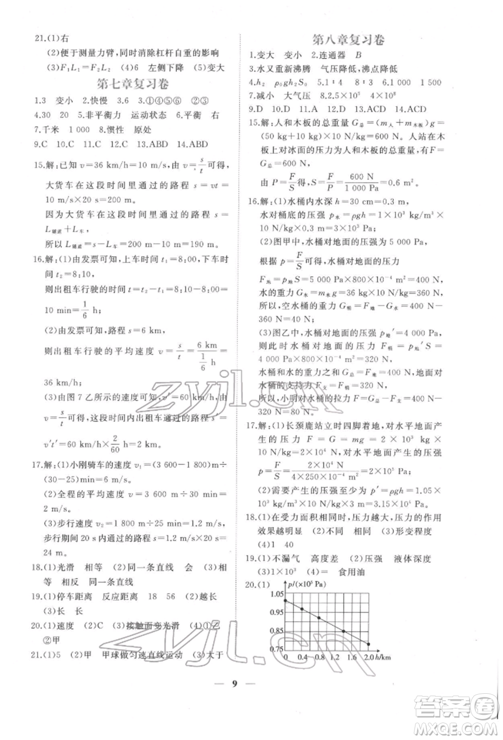 江西人民出版社2022一課一練創(chuàng)新練習(xí)八年級(jí)物理下冊(cè)滬粵版參考答案