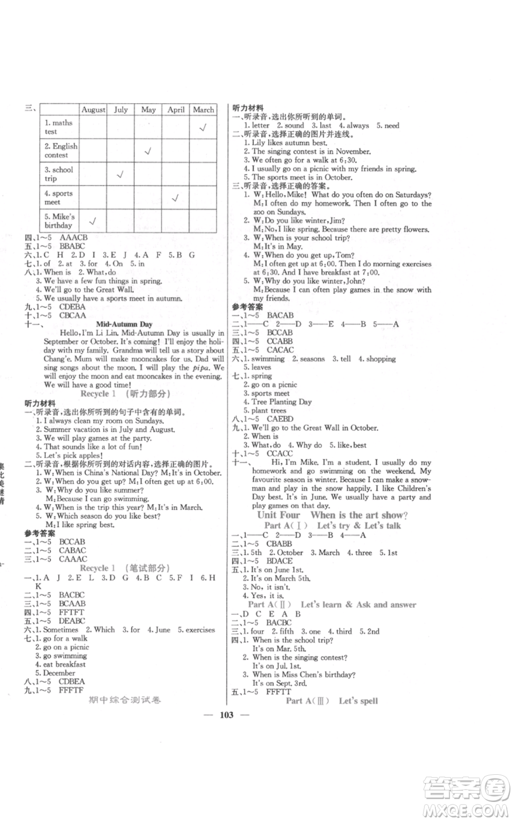 沈陽出版社2022課堂點(diǎn)睛五年級(jí)英語下冊(cè)人教版參考答案