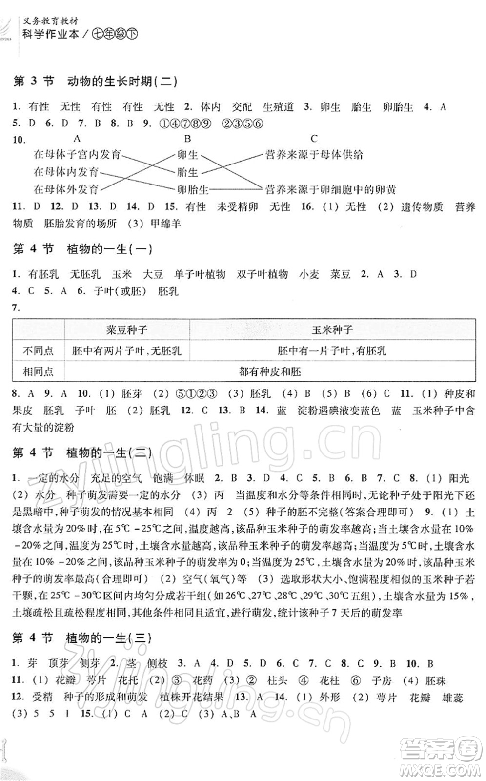 浙江教育出版社2022科學(xué)作業(yè)本七年級下冊ZH浙教版AB本答案