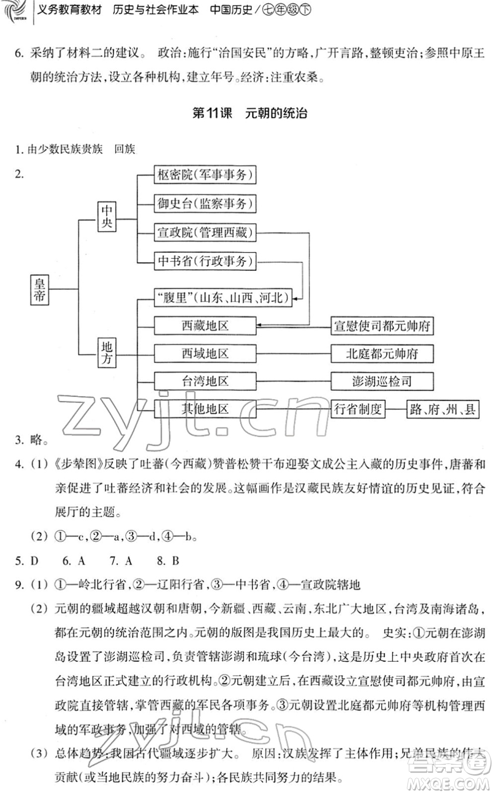 浙江教育出版社2022歷史與社會作業(yè)本七年級歷史下冊人教版答案