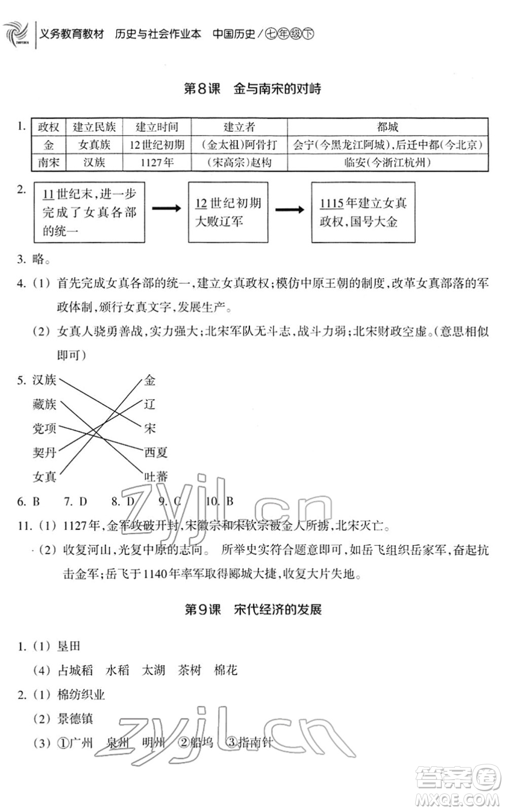 浙江教育出版社2022歷史與社會作業(yè)本七年級歷史下冊人教版答案