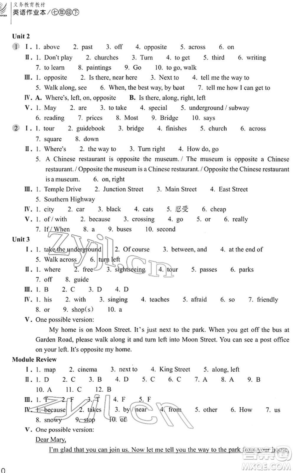 浙江教育出版社2022英語(yǔ)作業(yè)本七年級(jí)下冊(cè)W外研版AB本答案