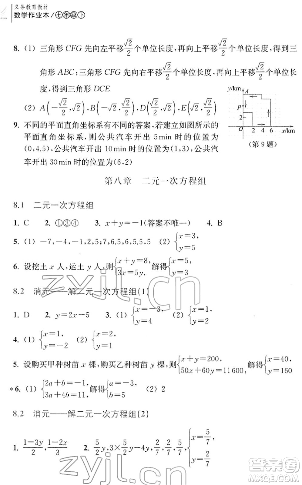 浙江教育出版社2022數(shù)學(xué)作業(yè)本七年級(jí)下冊(cè)人教版答案