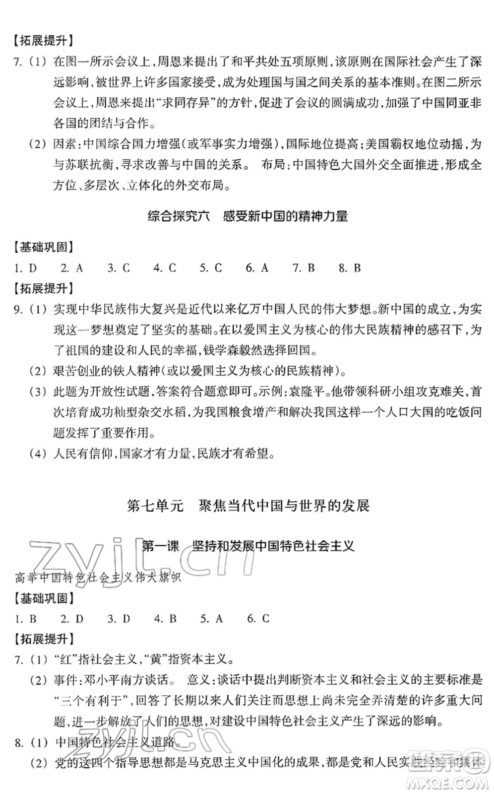 浙江教育出版社2022歷史與社會作業(yè)本九年級歷史下冊人教版答案