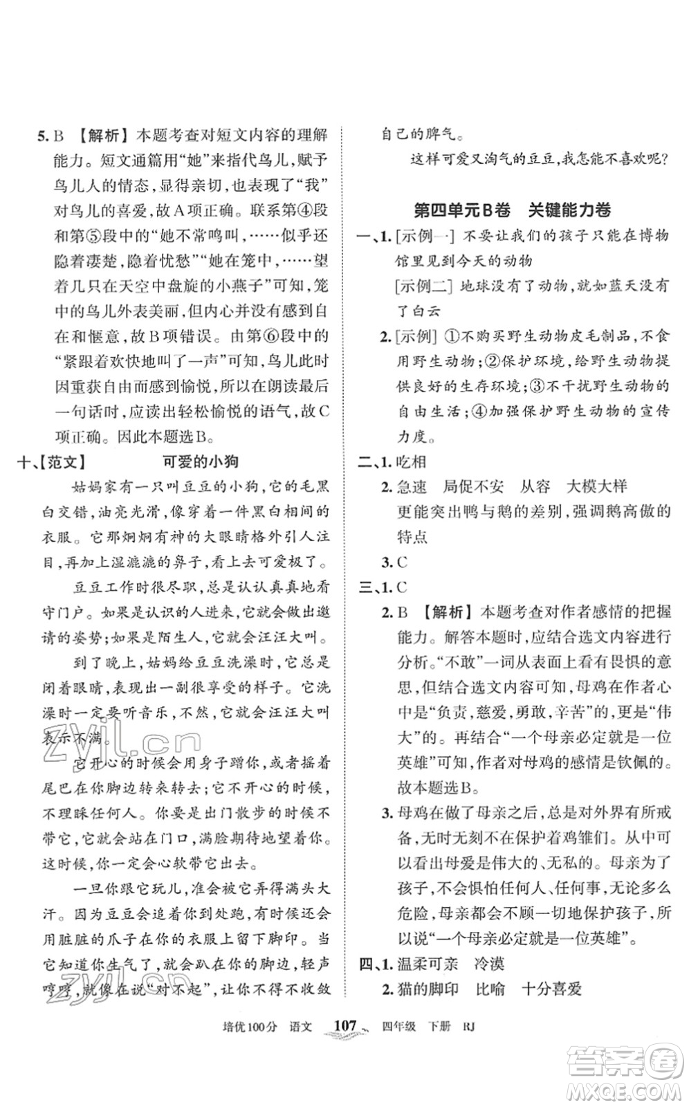 江西人民出版社2022王朝霞培優(yōu)100分四年級(jí)語(yǔ)文下冊(cè)RJ人教版答案