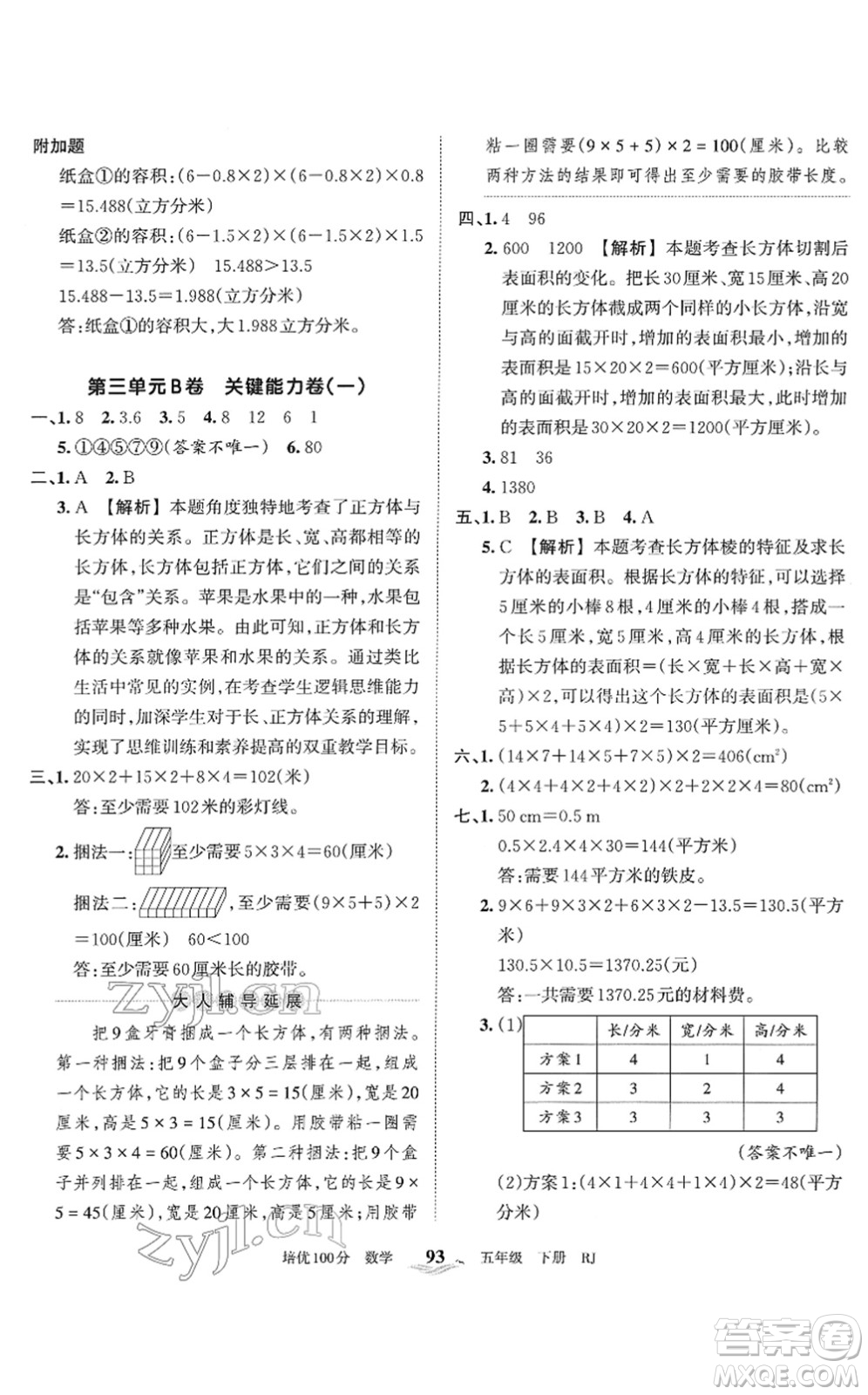 江西人民出版社2022王朝霞培優(yōu)100分五年級(jí)數(shù)學(xué)下冊(cè)RJ人教版答案