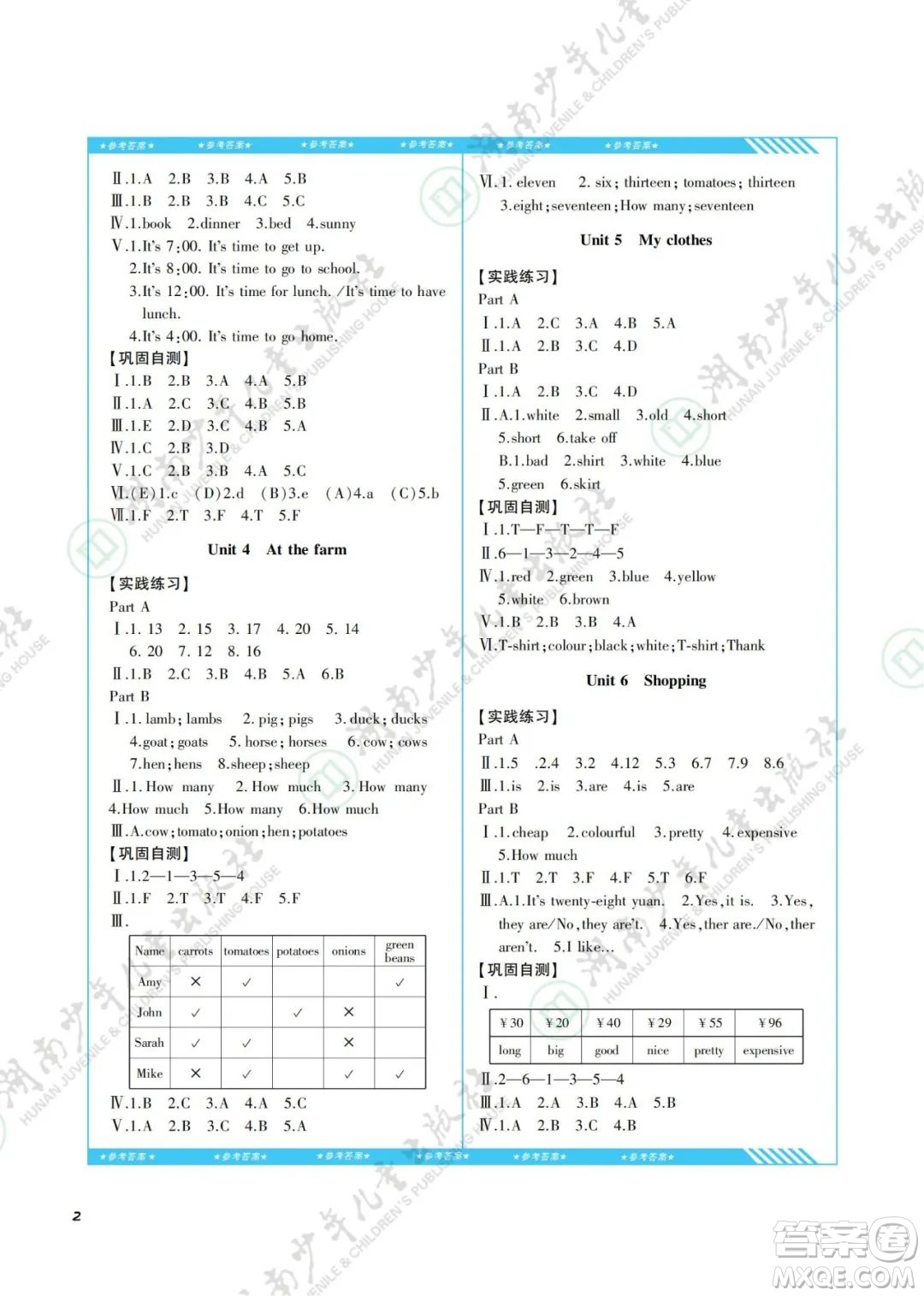 湖南少年兒童出版社2022課程基礎(chǔ)訓(xùn)練四年級(jí)英語下冊(cè)人教版答案