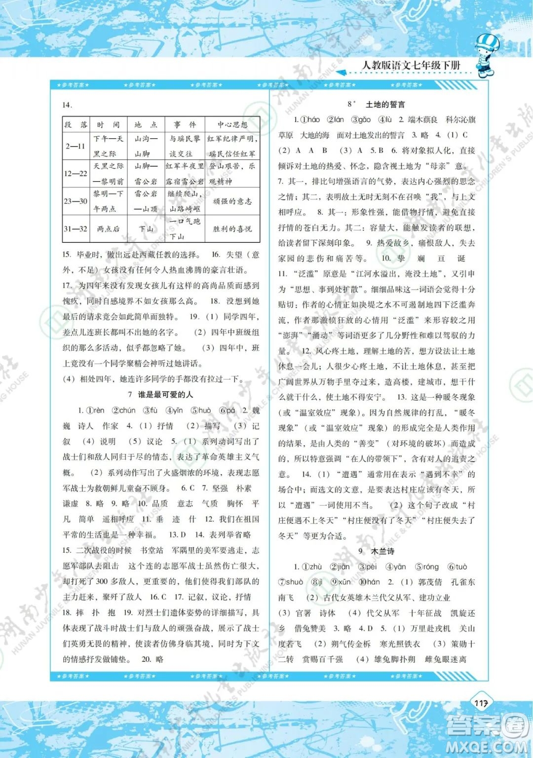 湖南少年兒童出版社2022課程基礎(chǔ)訓(xùn)練七年級語文下冊人教版答案